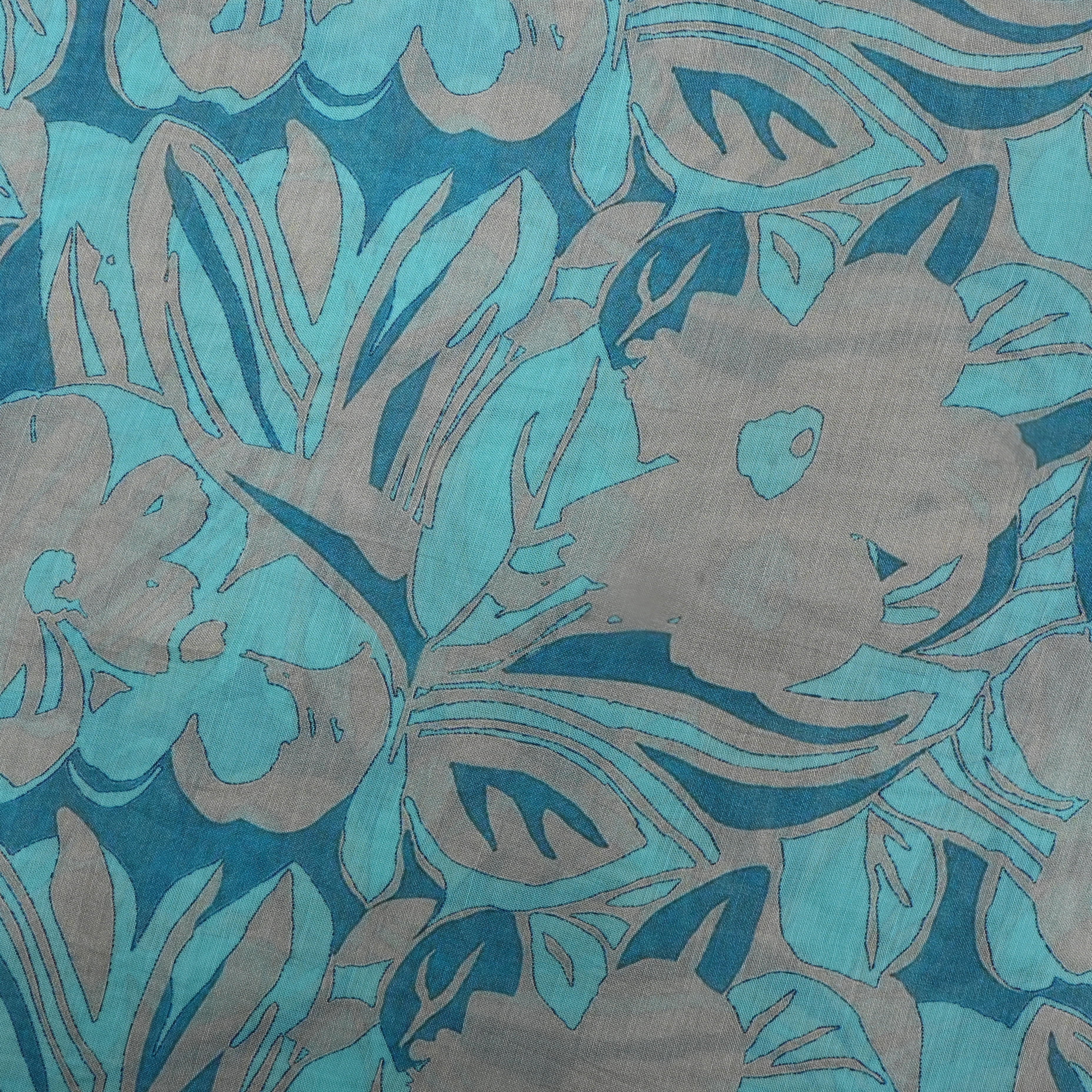 Turquoise Blue Floral Printed Silk Fabric