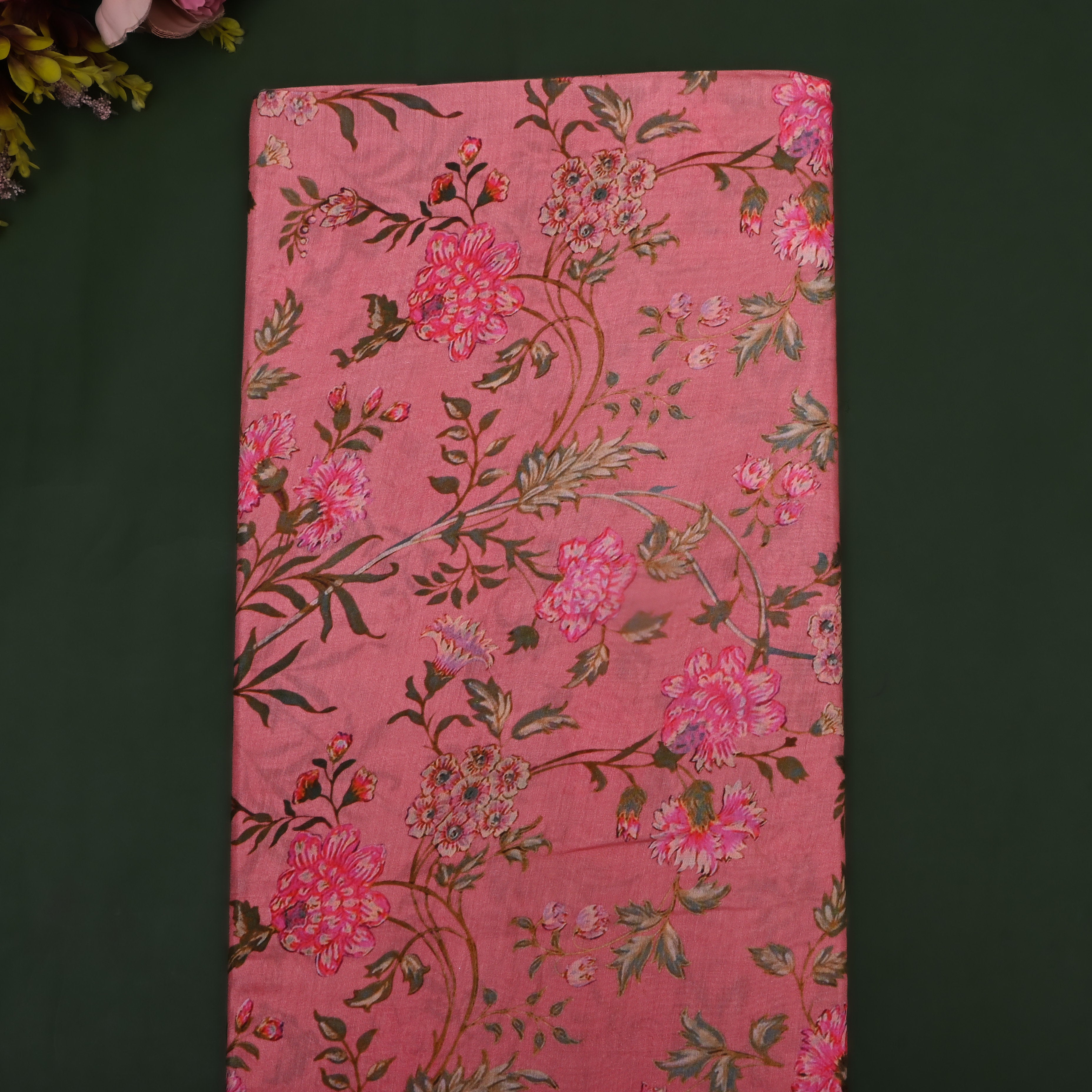 Peach Pink Floral Printed Silk Fabric