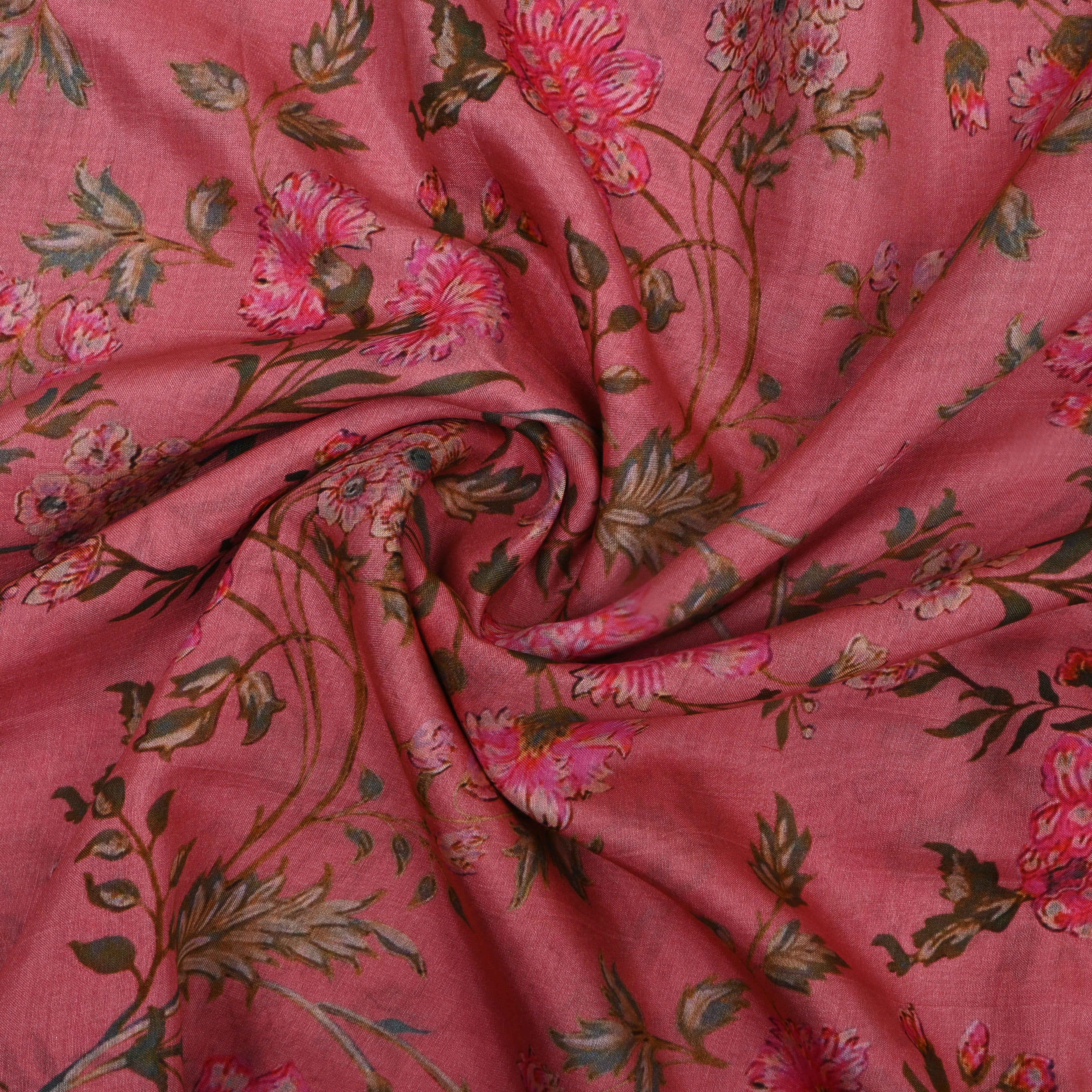 Peach Pink Floral Printed Silk Fabric