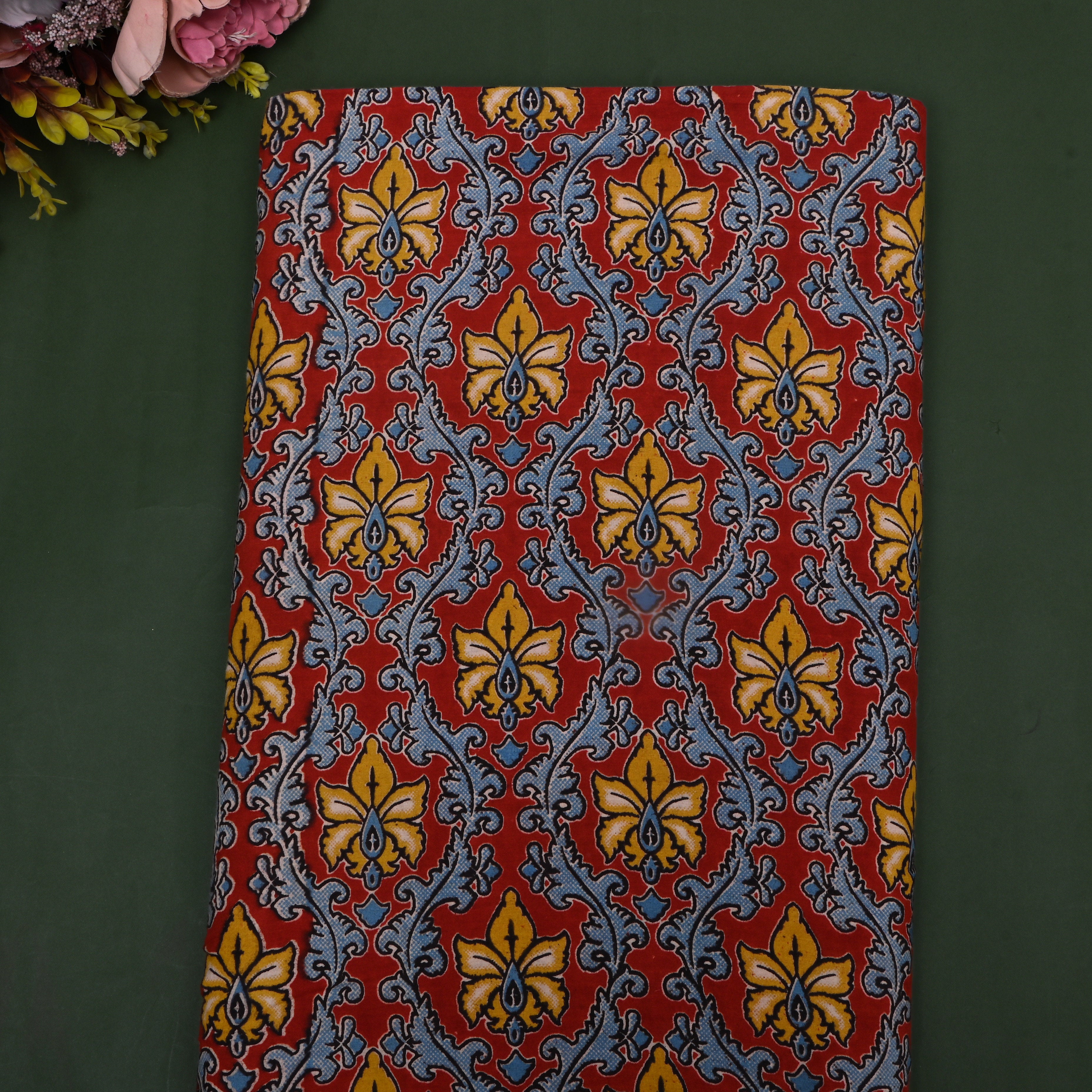 Crimson Red Kalamkari Printed Cotton Fabric