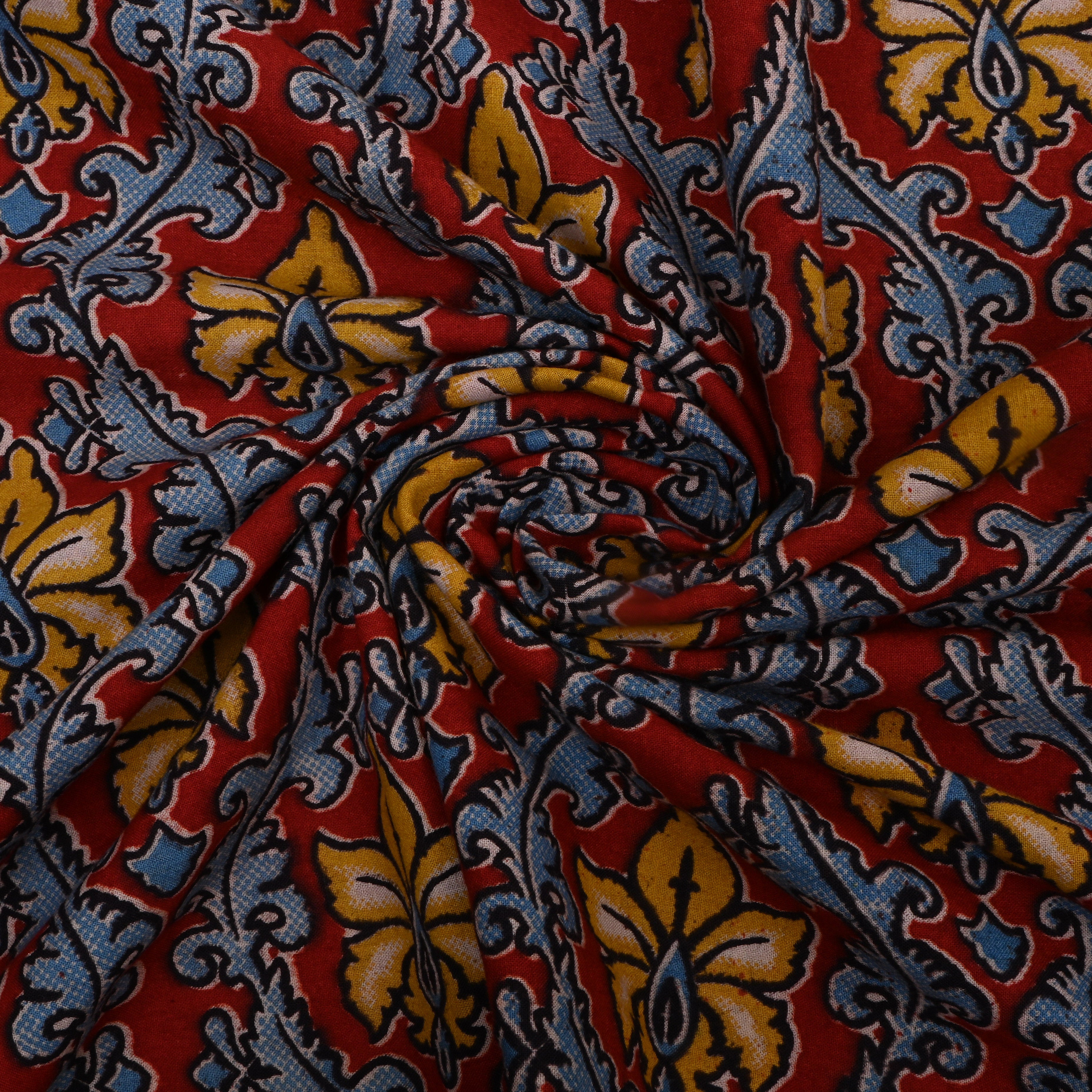 Crimson Red Kalamkari Printed Cotton Fabric