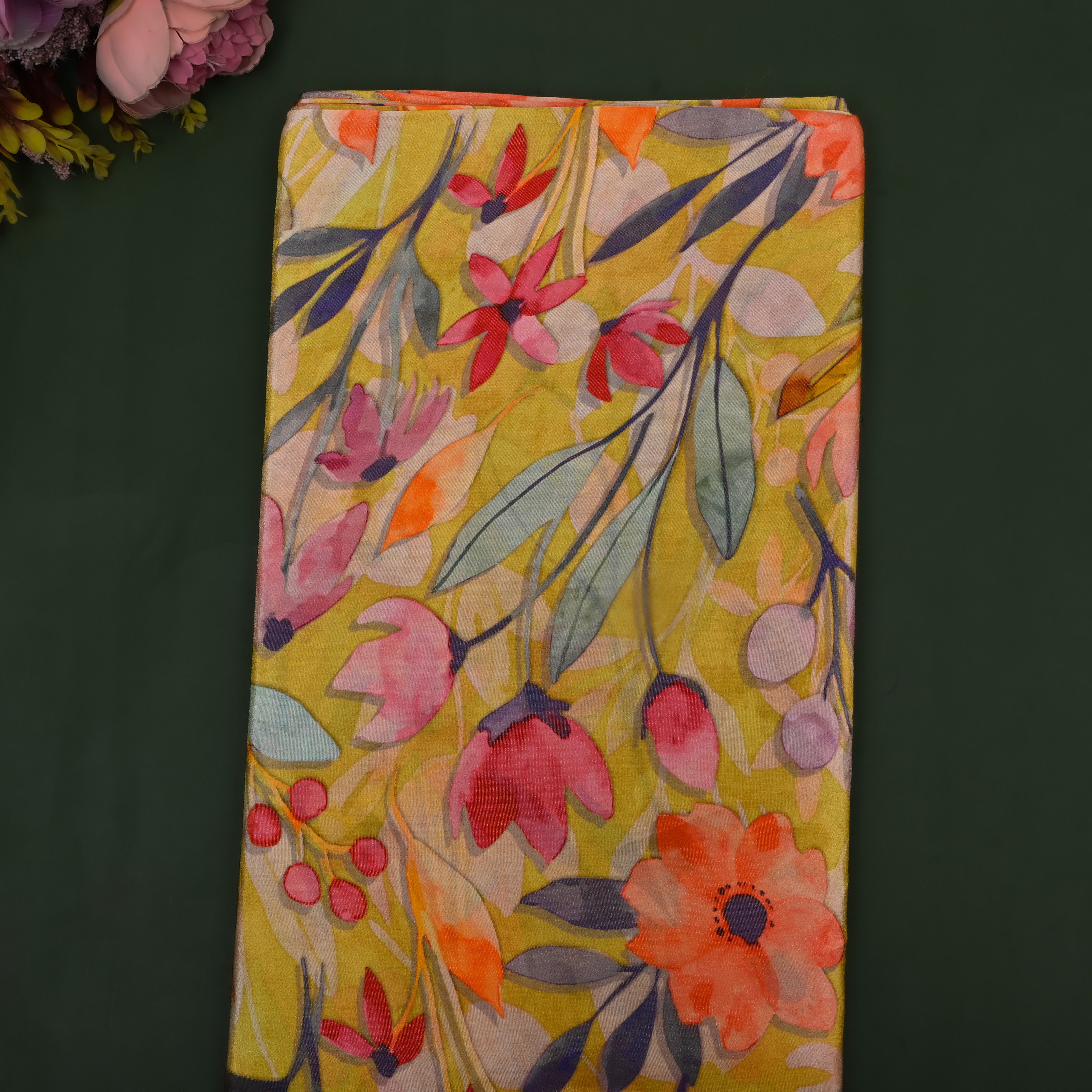 Bright Yellow Floral Printed Tissue Fabric