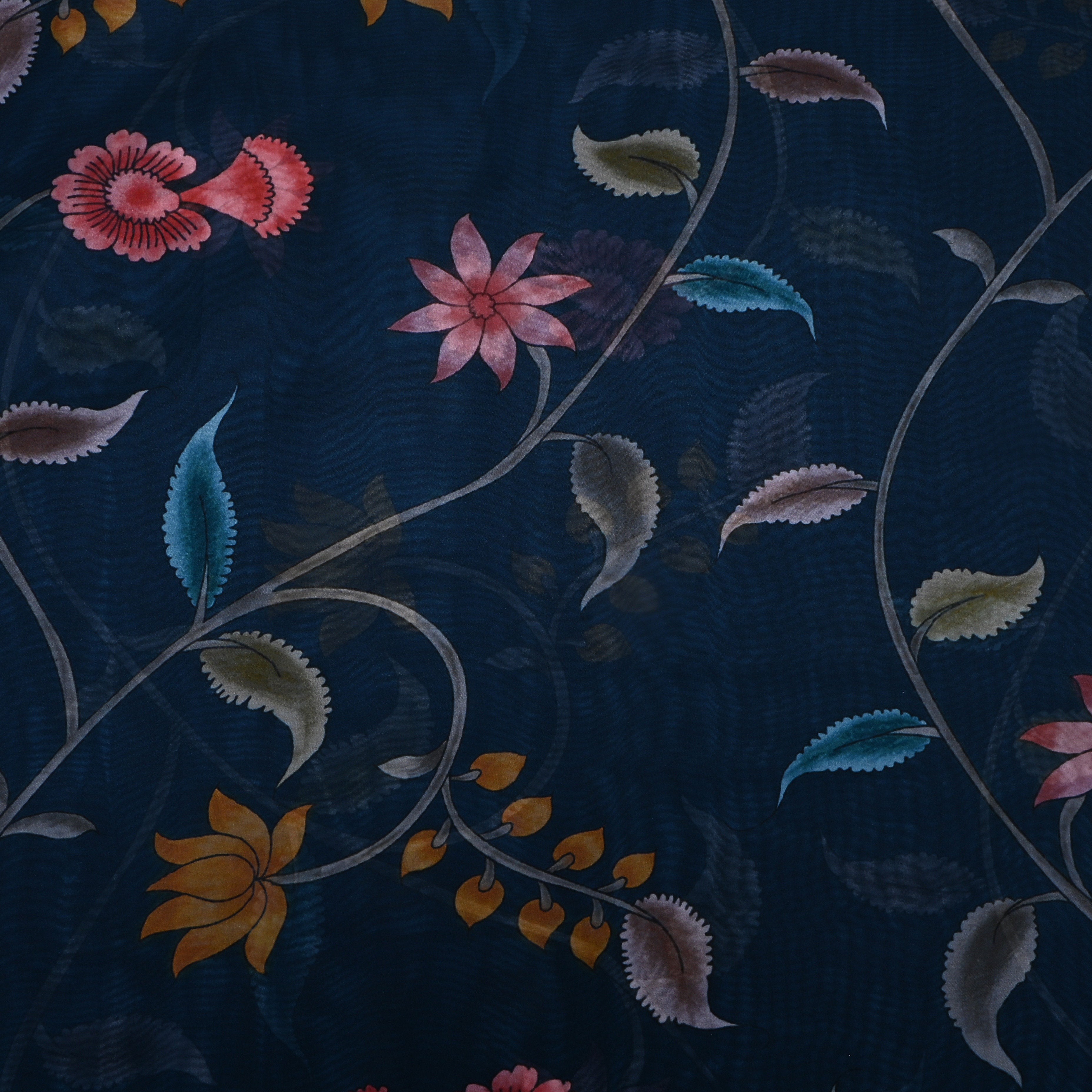 Dark Teal Blue Floral Printed Silk Fabric