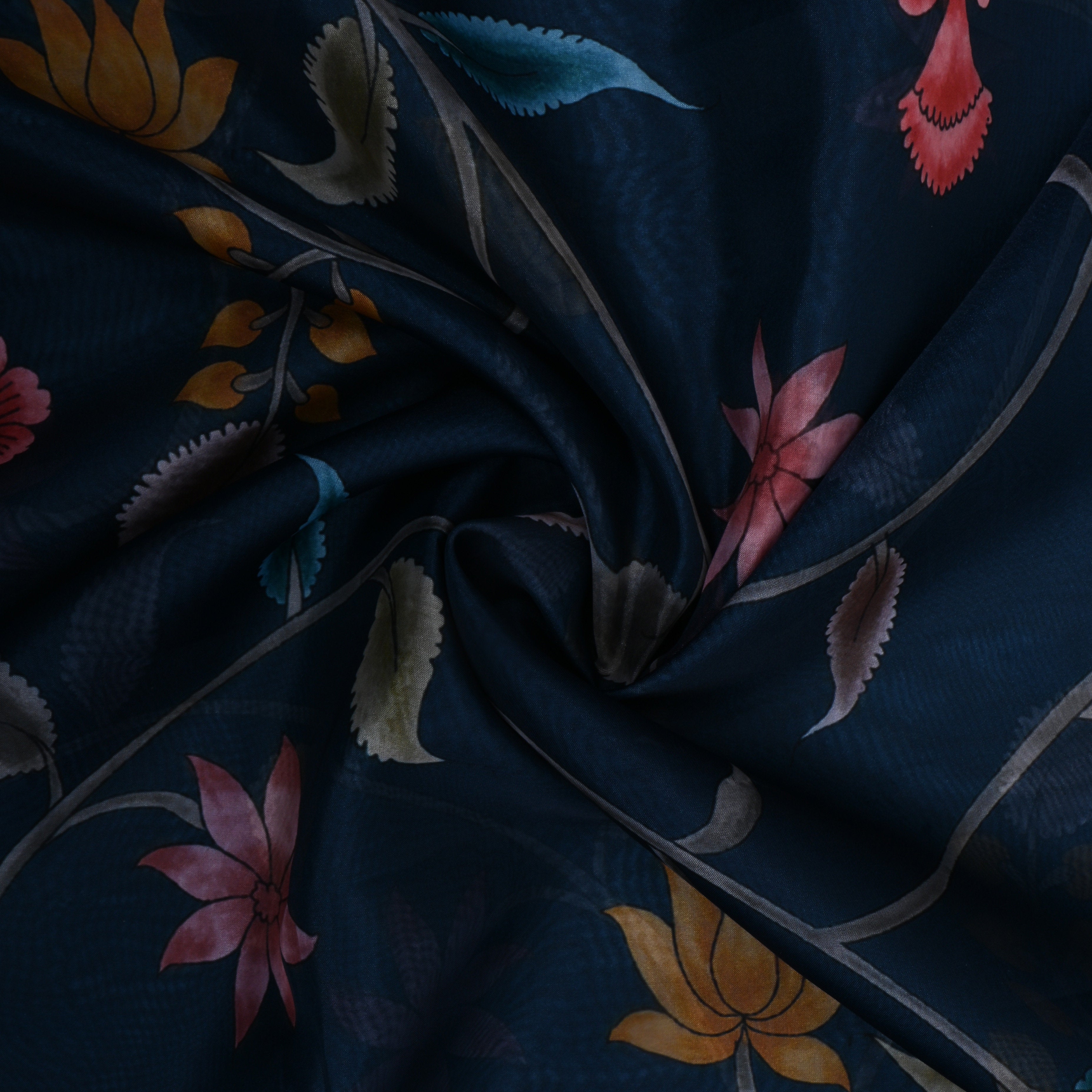 Dark Teal Blue Floral Printed Silk Fabric