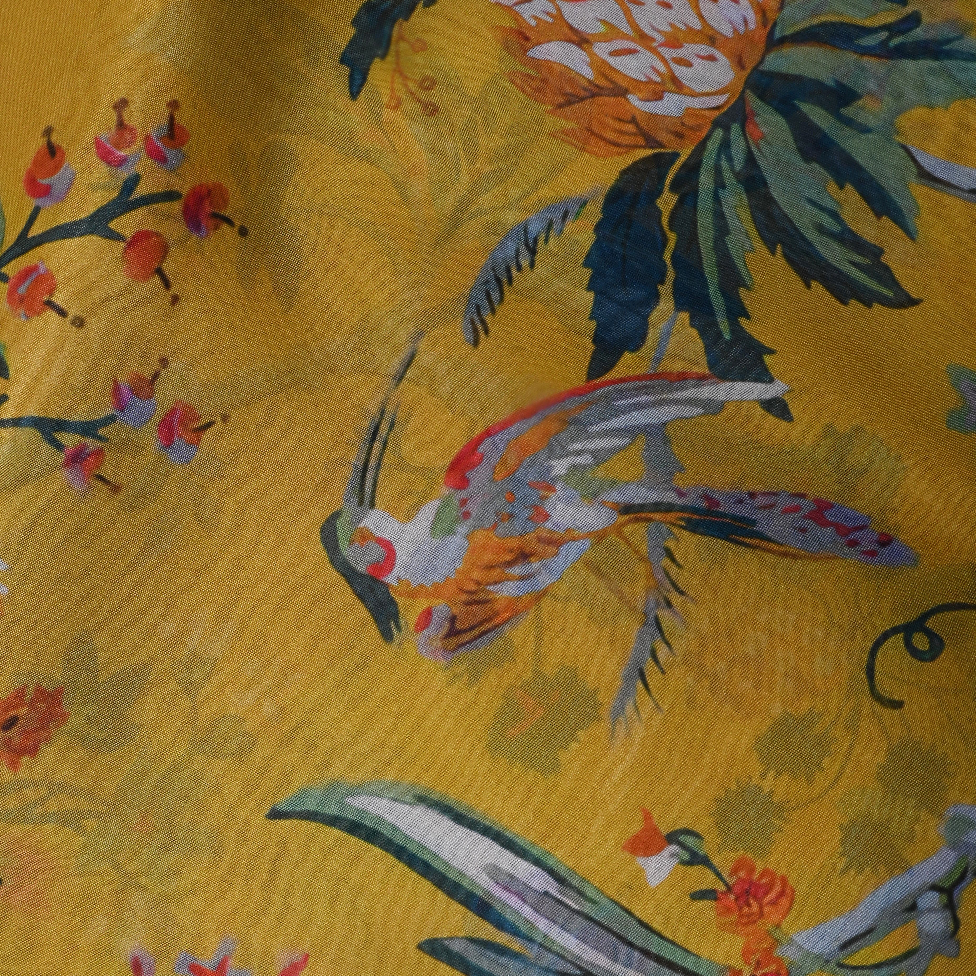 Goldenrod Yellow Floral Printed Silk Fabric