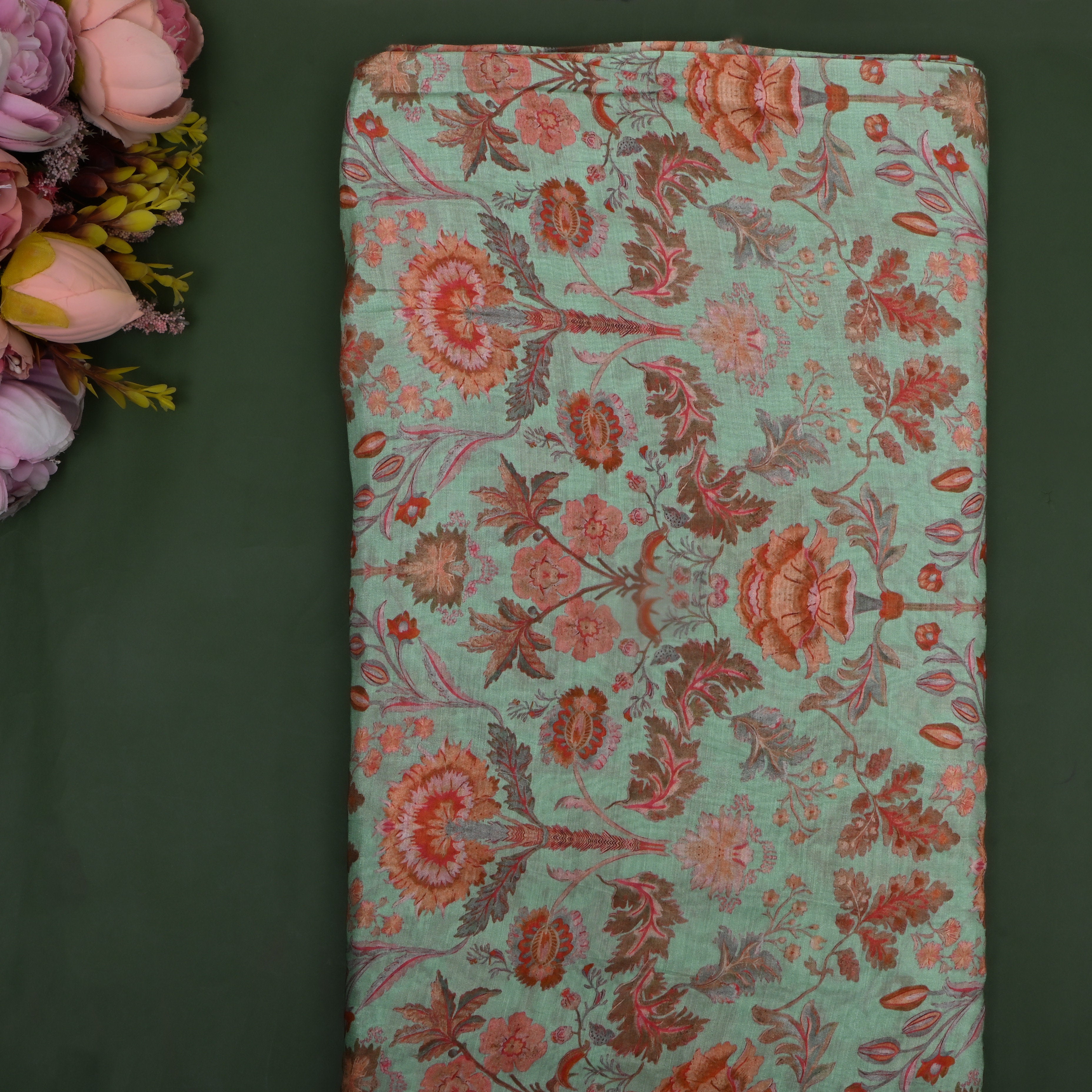 Seafoam Green Floral Printed Chanderi Fabric