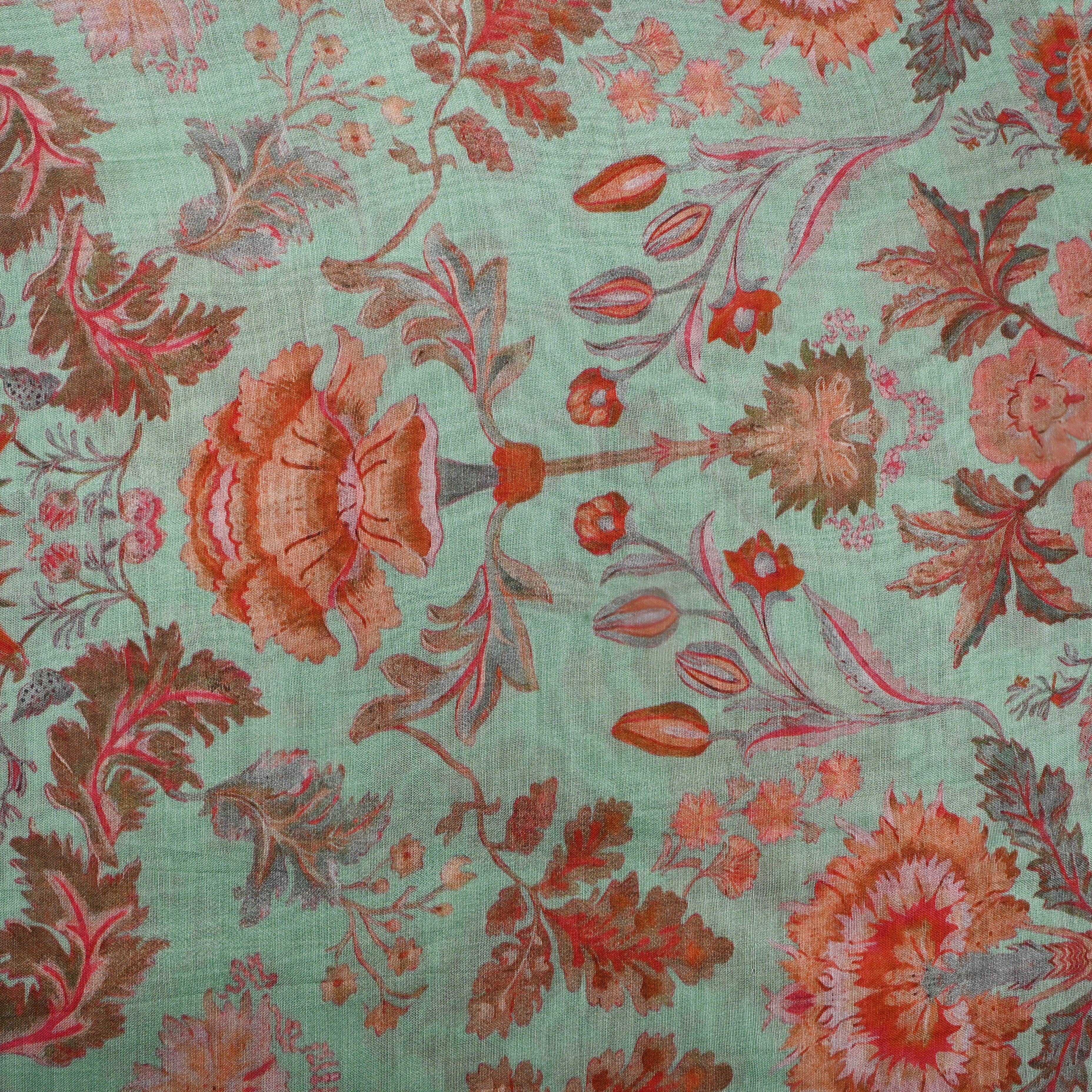Seafoam Green Floral Printed Chanderi Fabric