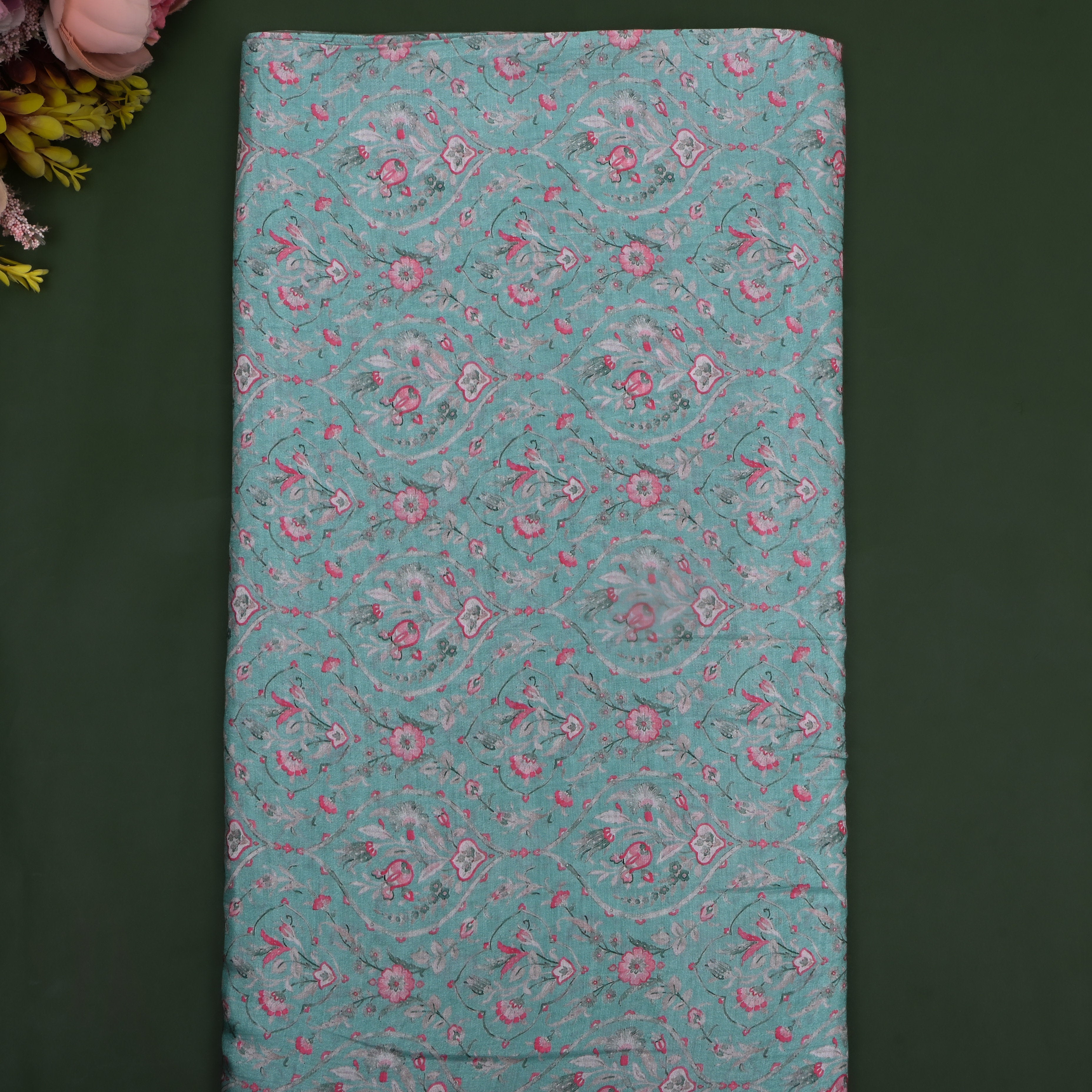 Marine Teal Blue Floral Printed Chanderi Fabric