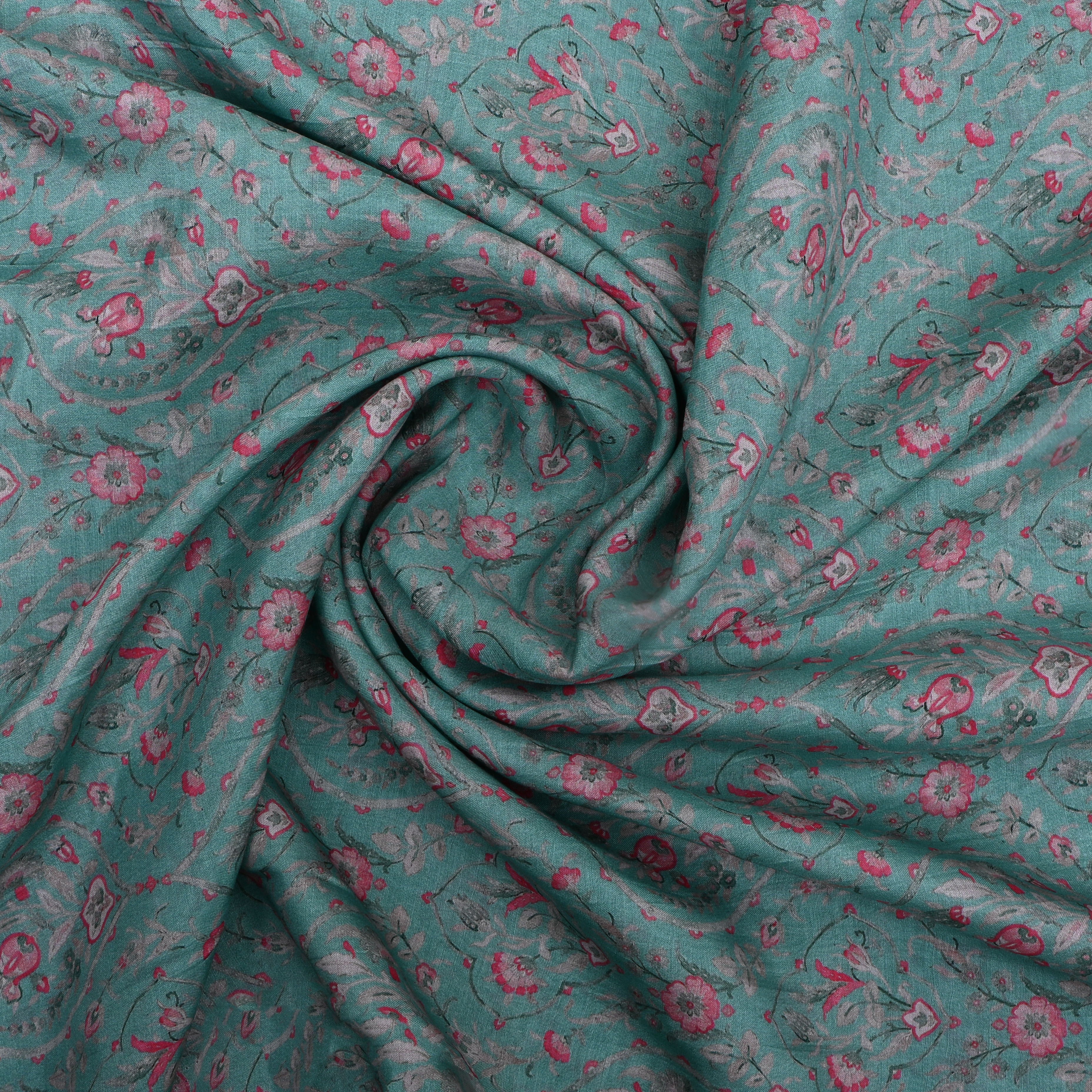 Marine Teal Blue Floral Printed Chanderi Fabric
