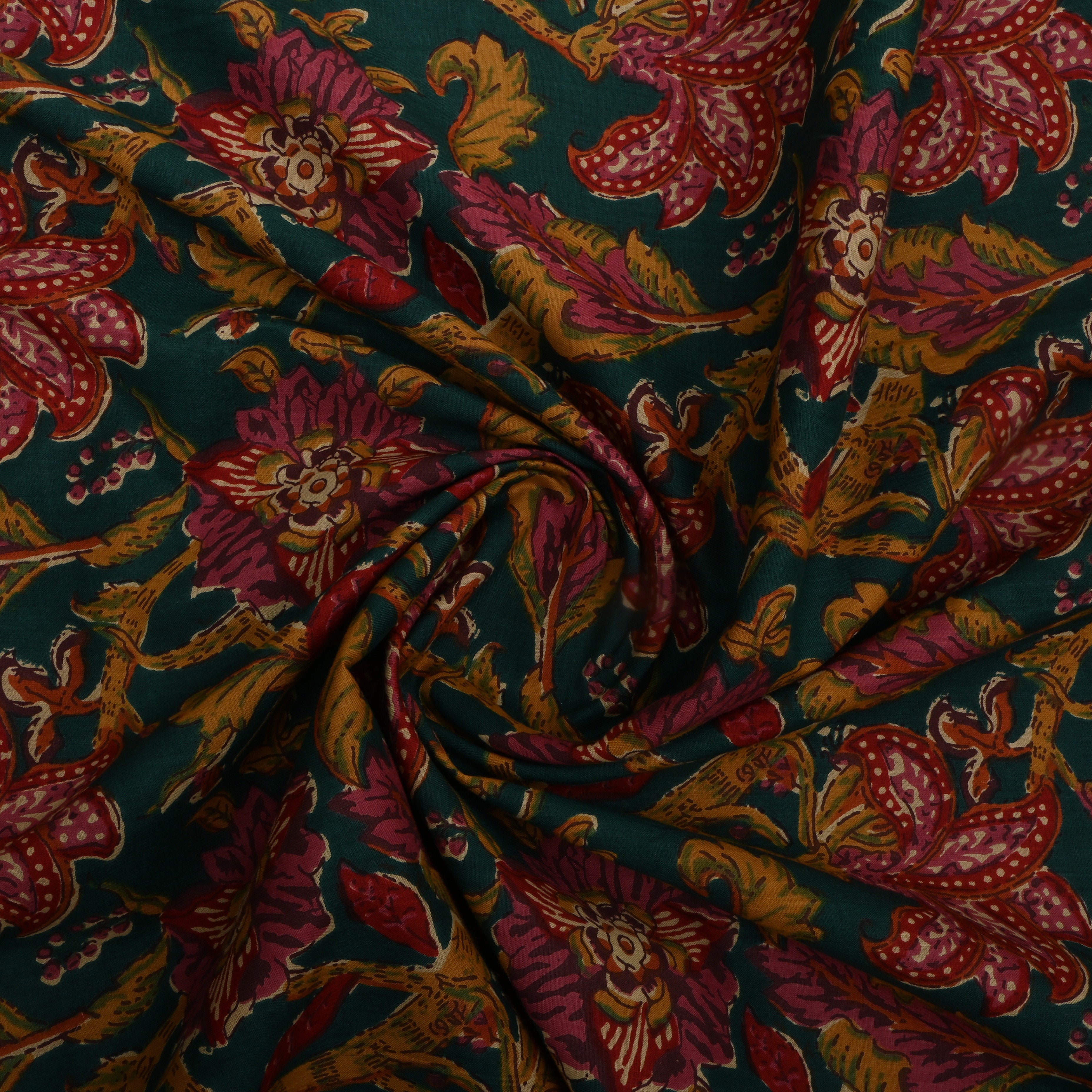 Dark Teal Blue Floral Printed Cotton Fabric