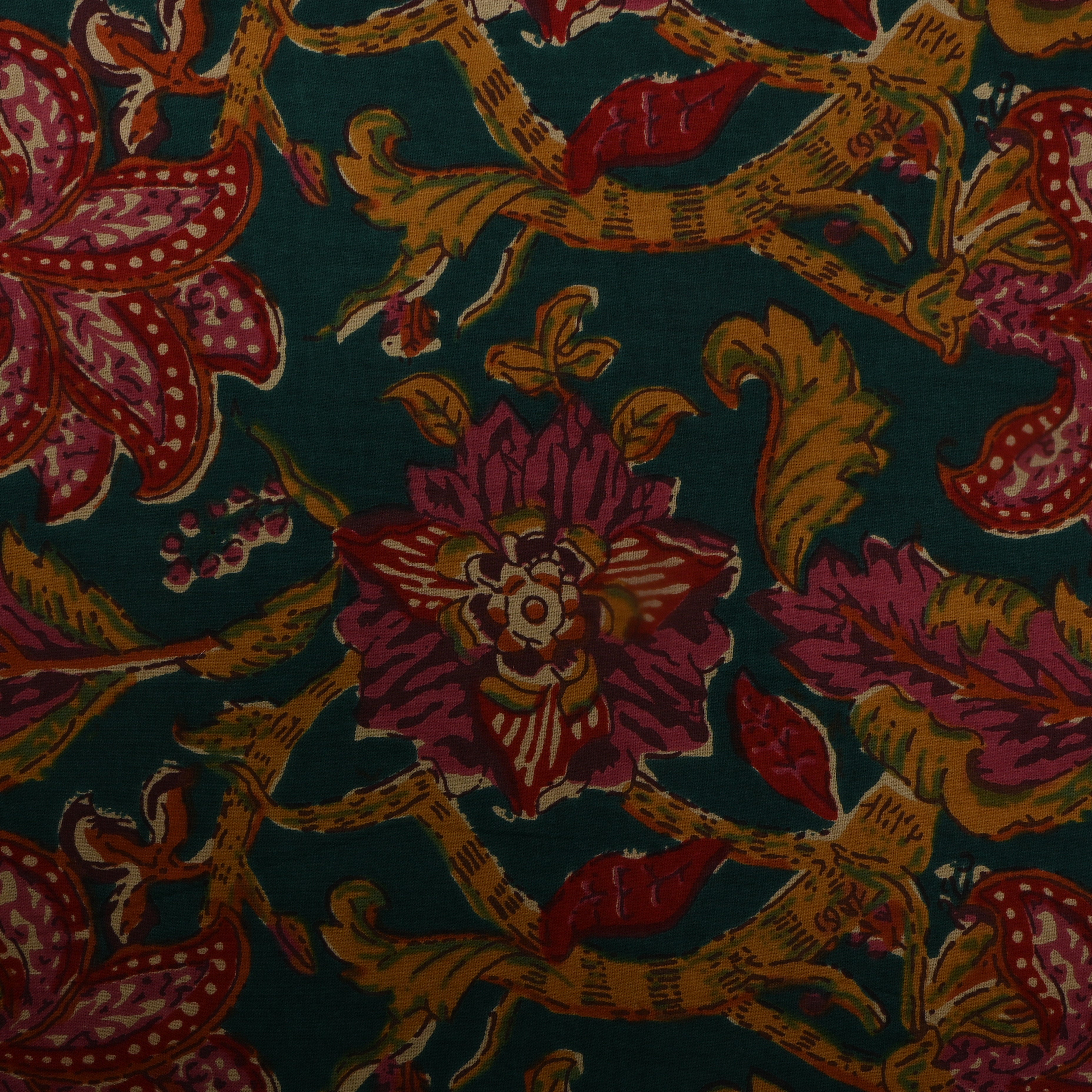 Dark Teal Blue Floral Printed Cotton Fabric