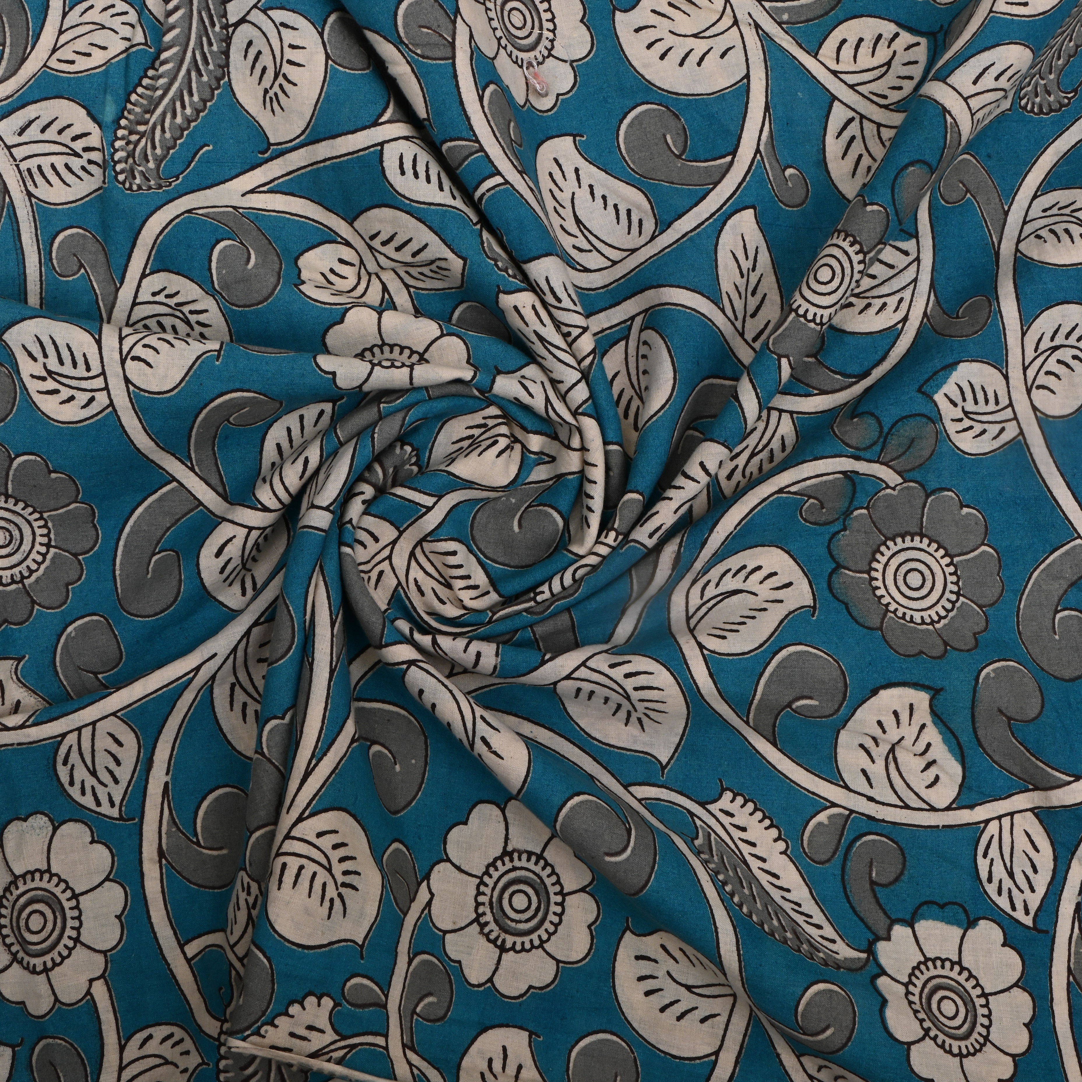 Teal Blue Kalamkari Printed Cotton Fabric
