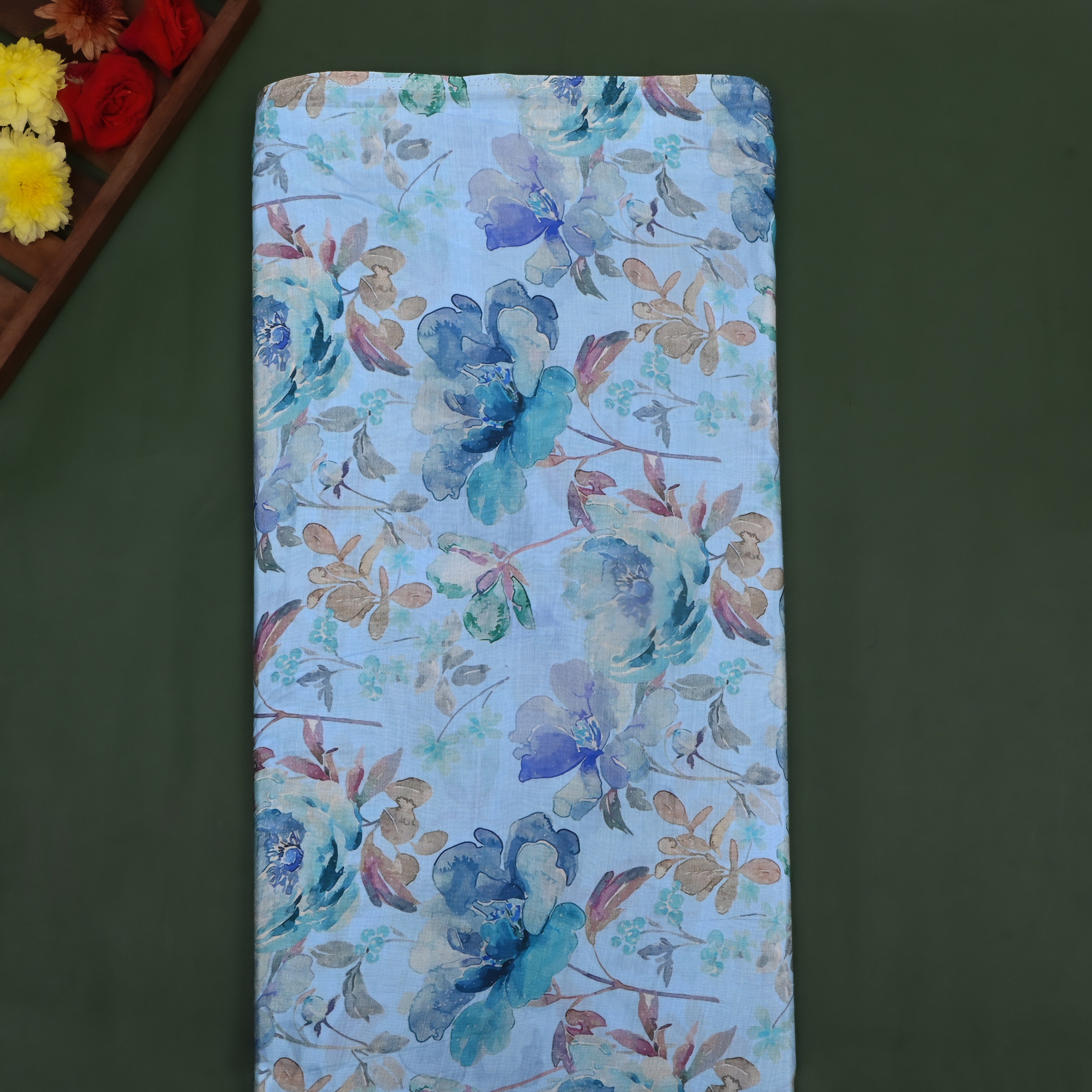 Baby Blue Floral Printed Silk Fabric