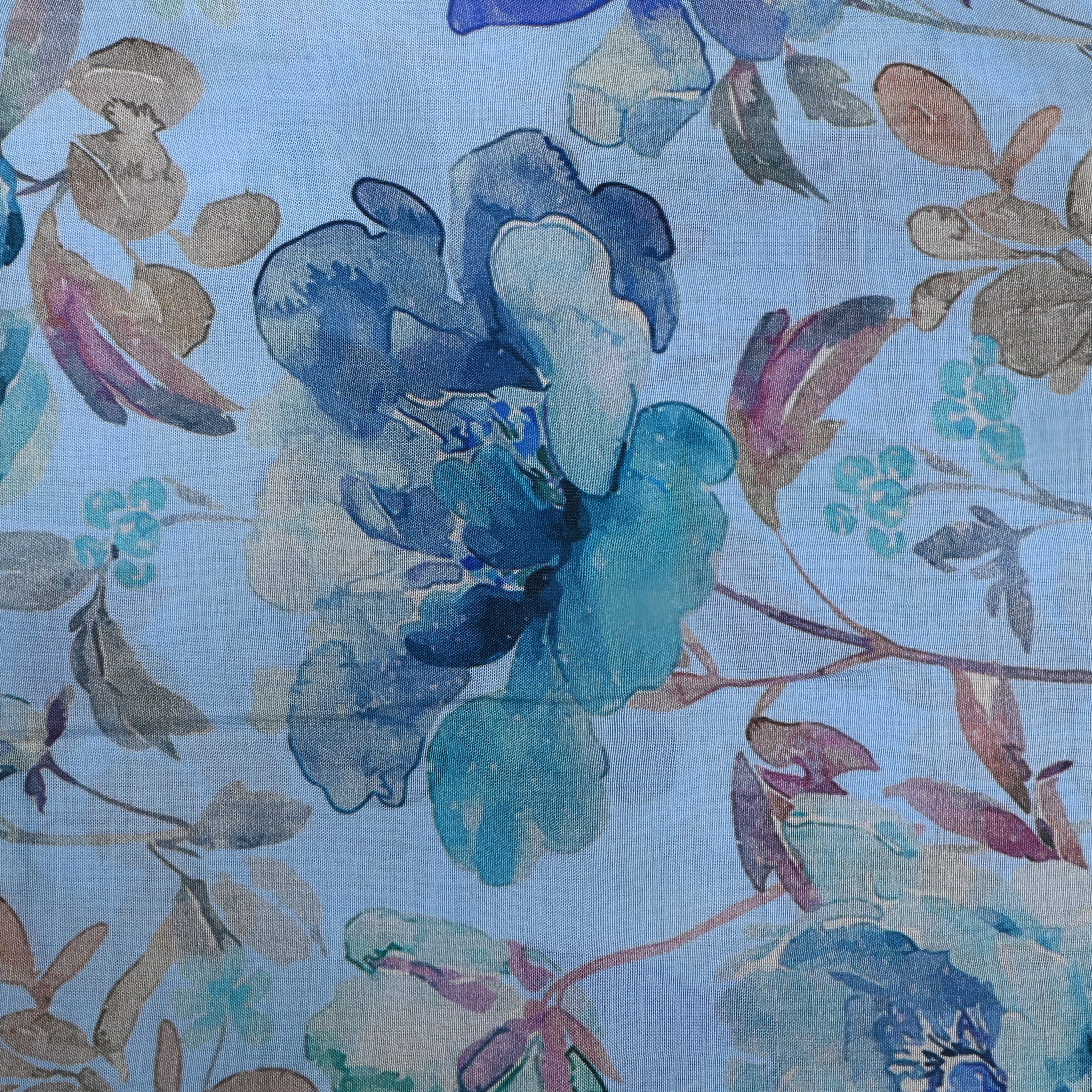 Baby Blue Floral Printed Silk Fabric