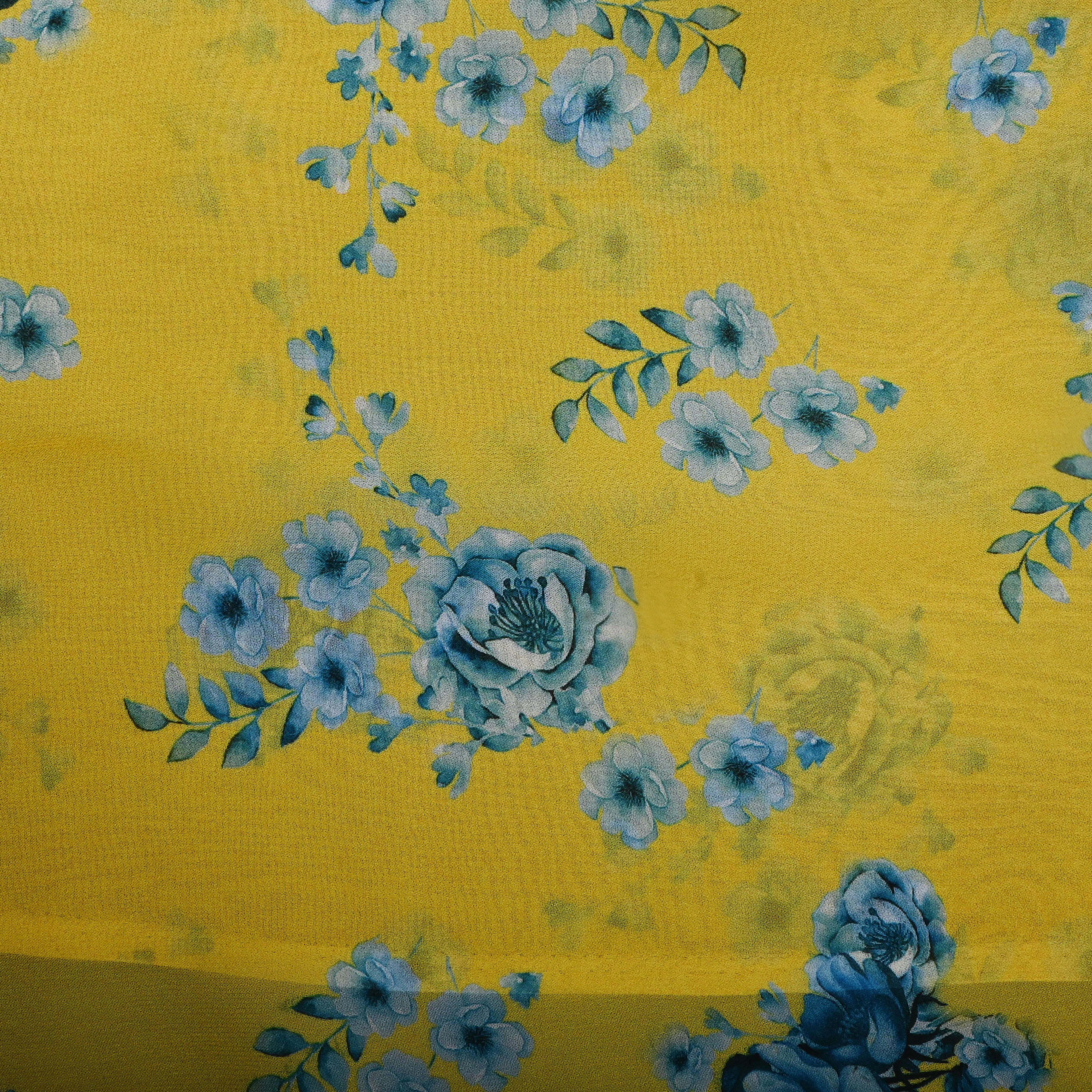 Lemon Yellow Floral Printed Chiffon Fabric