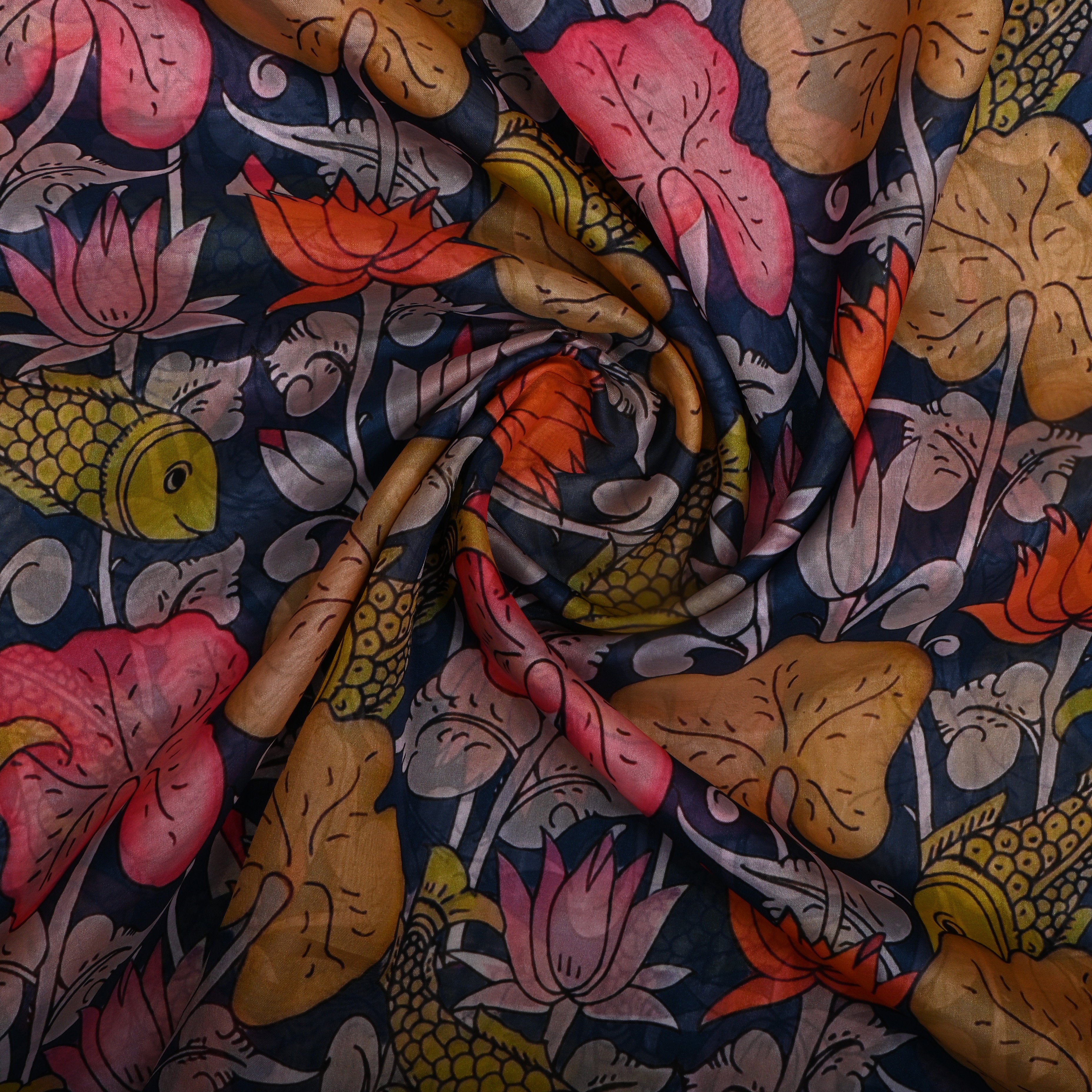 Navy Blue Printed Silk Fabric