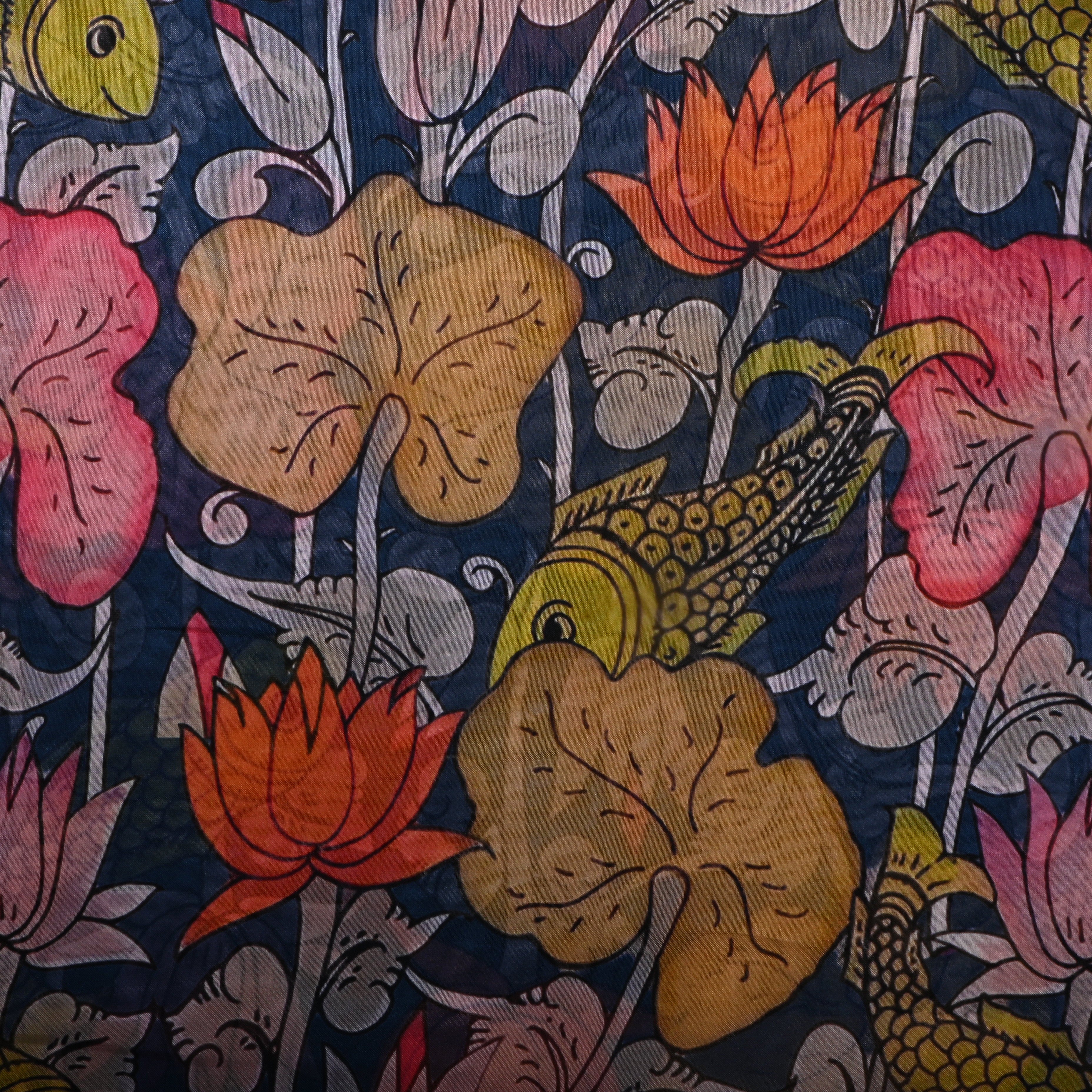 Navy Blue Printed Silk Fabric