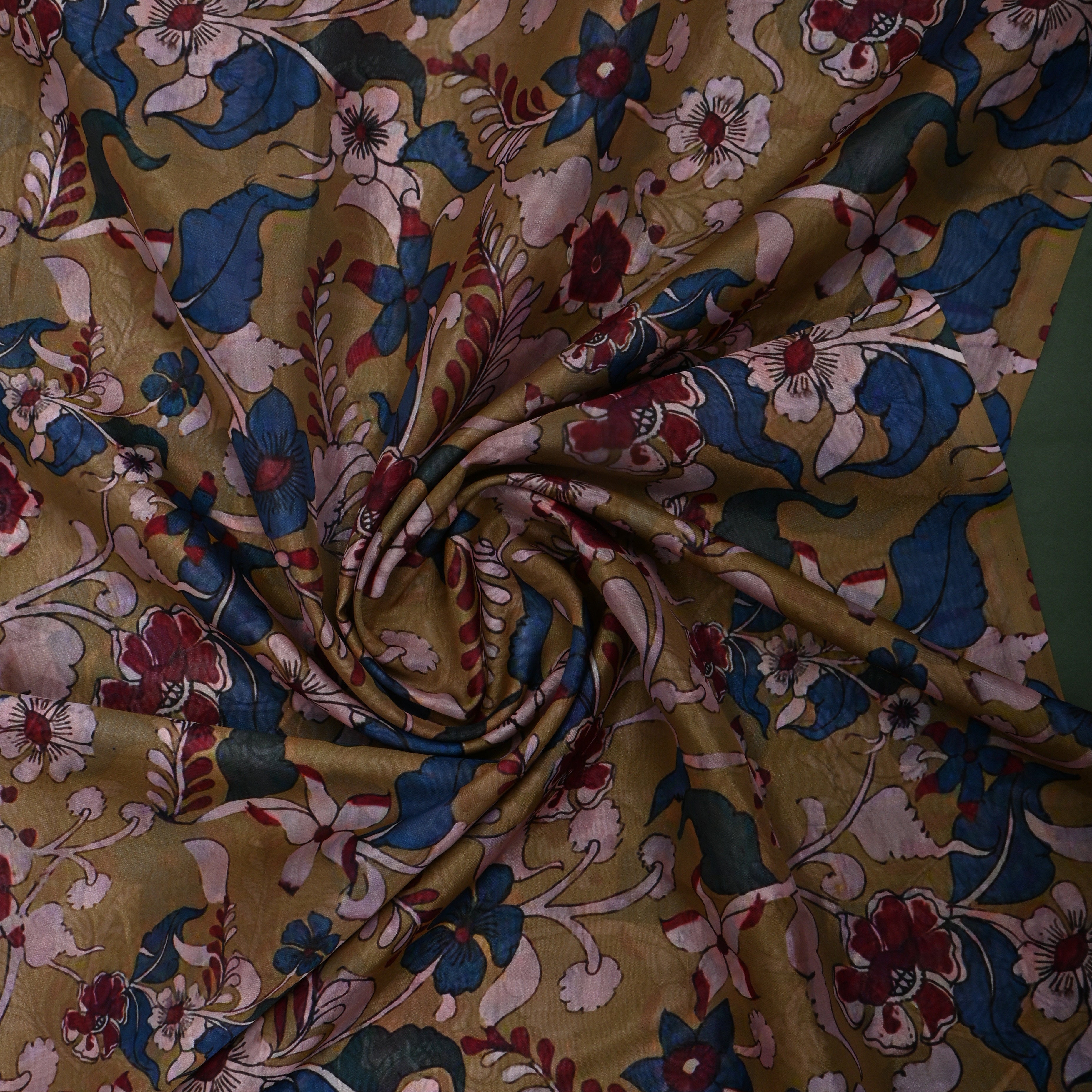 Earthy Green Floral Printed Silk Fabric