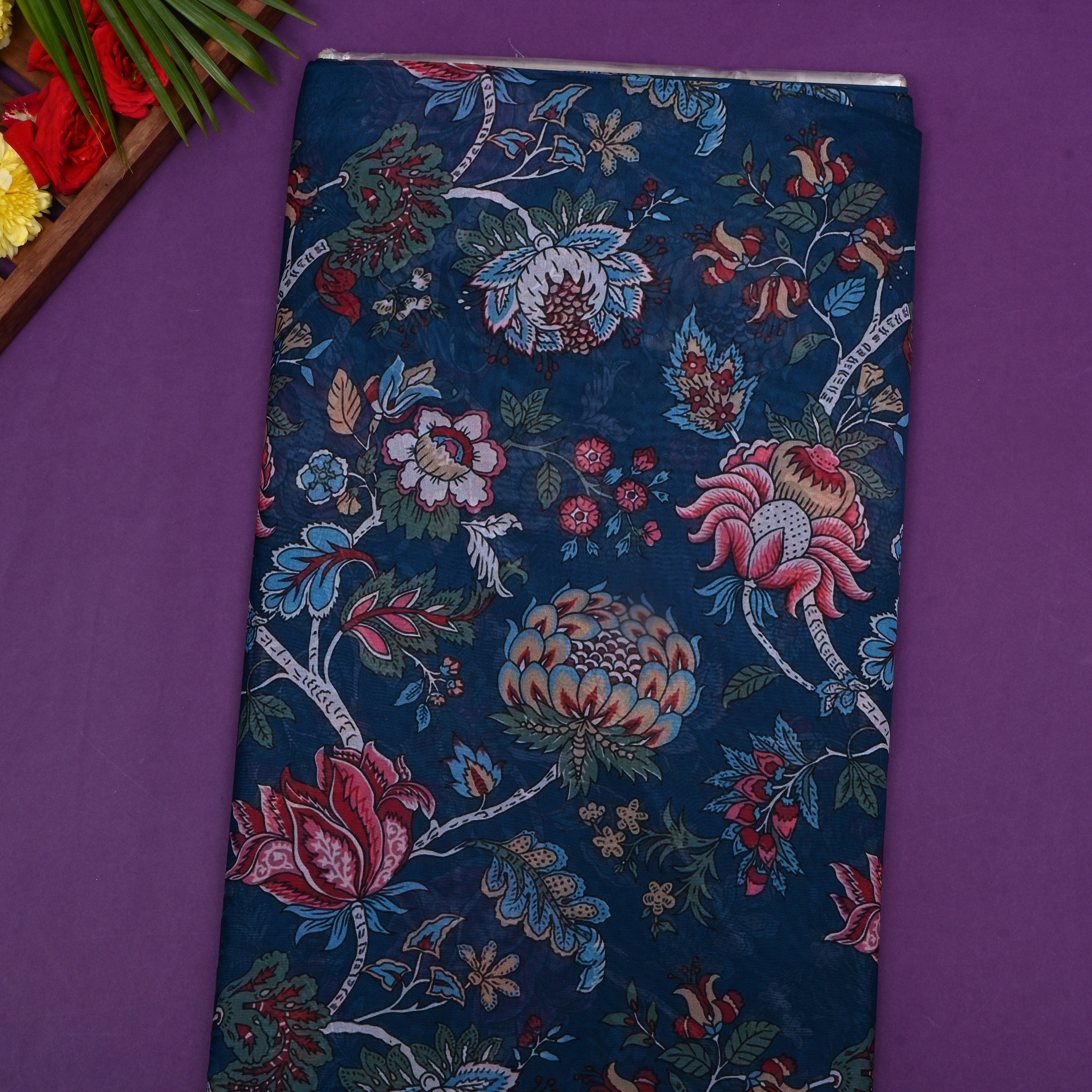 Deep Sea Blue Floral Printed Silk Fabric