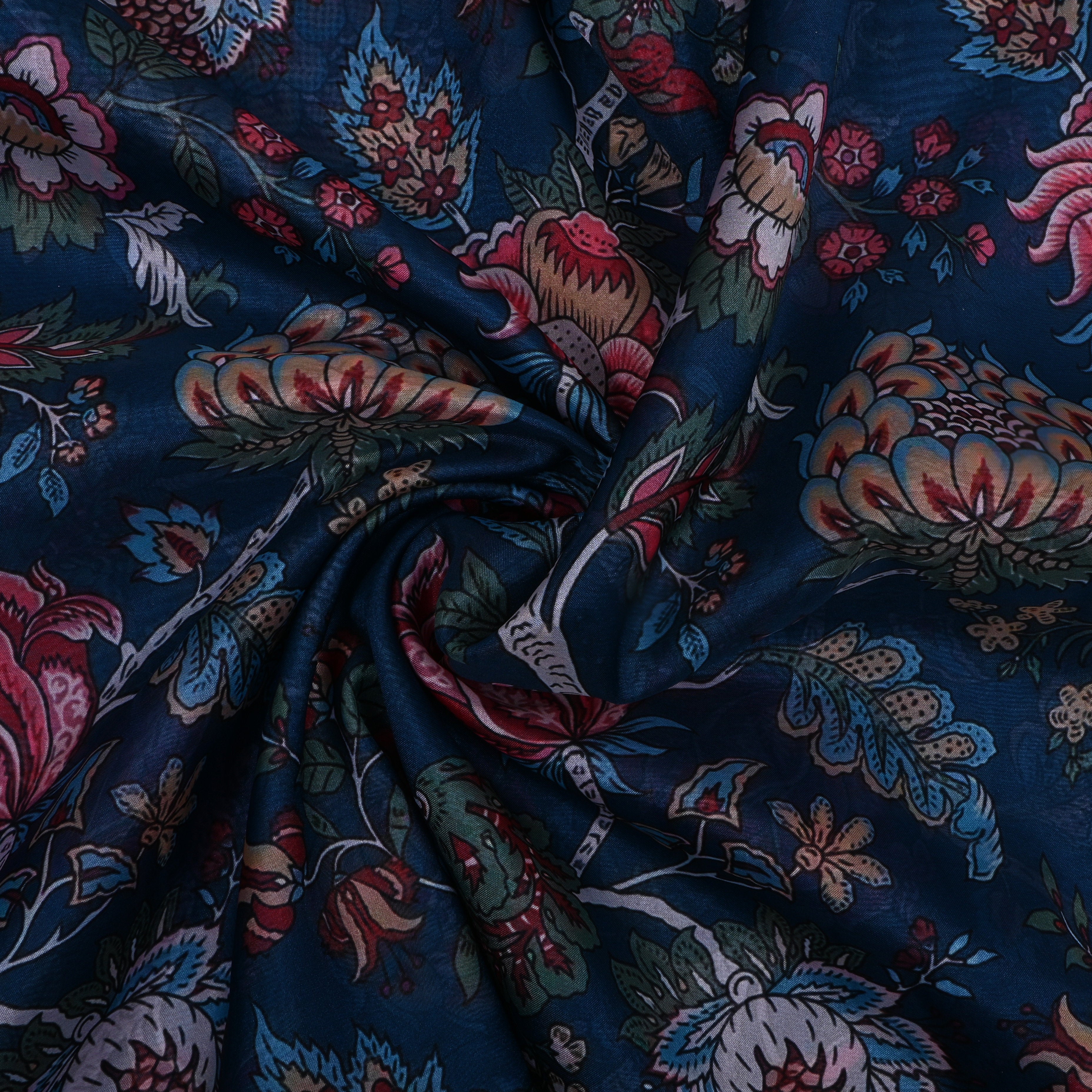 Deep Sea Blue Floral Printed Silk Fabric