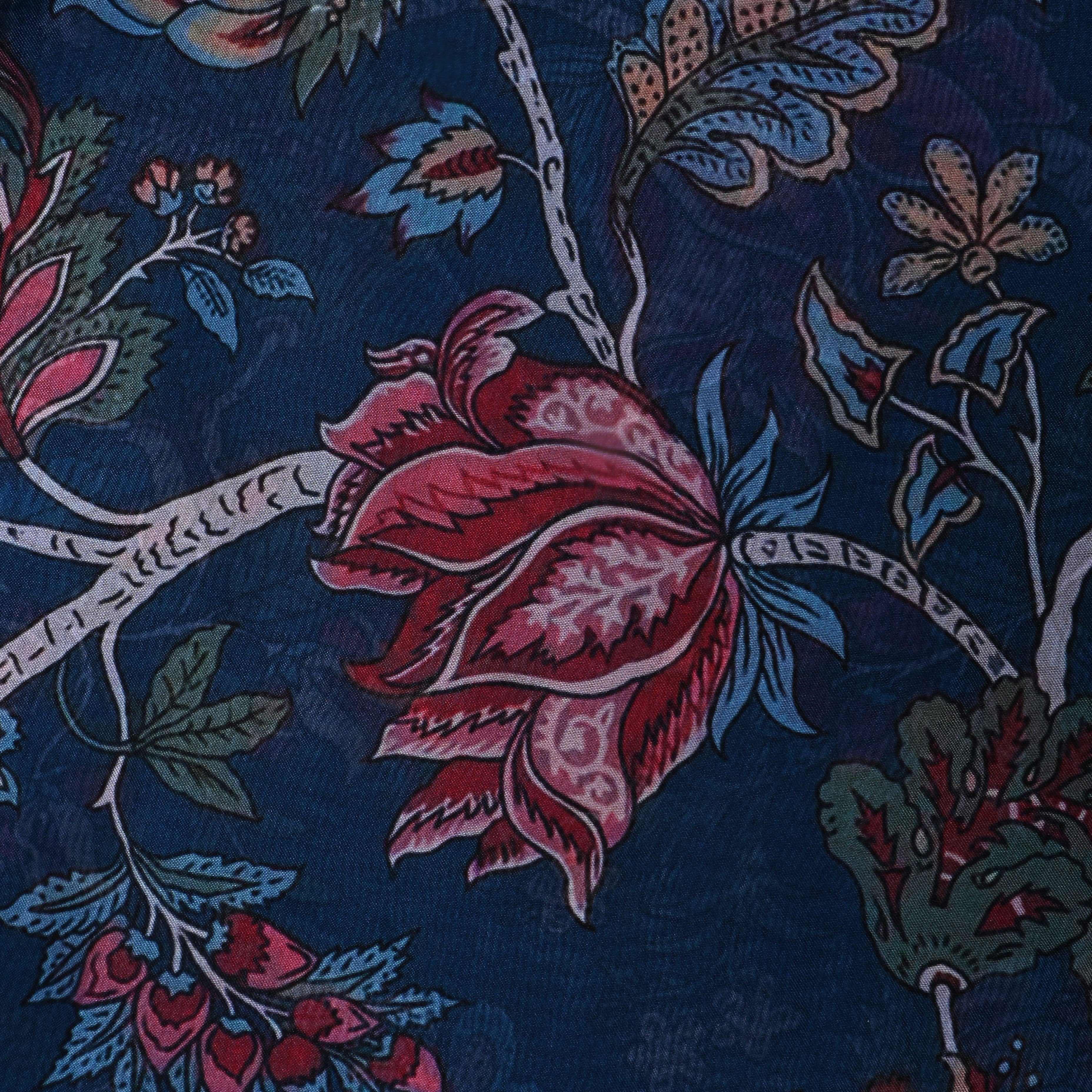 Deep Sea Blue Floral Printed Silk Fabric