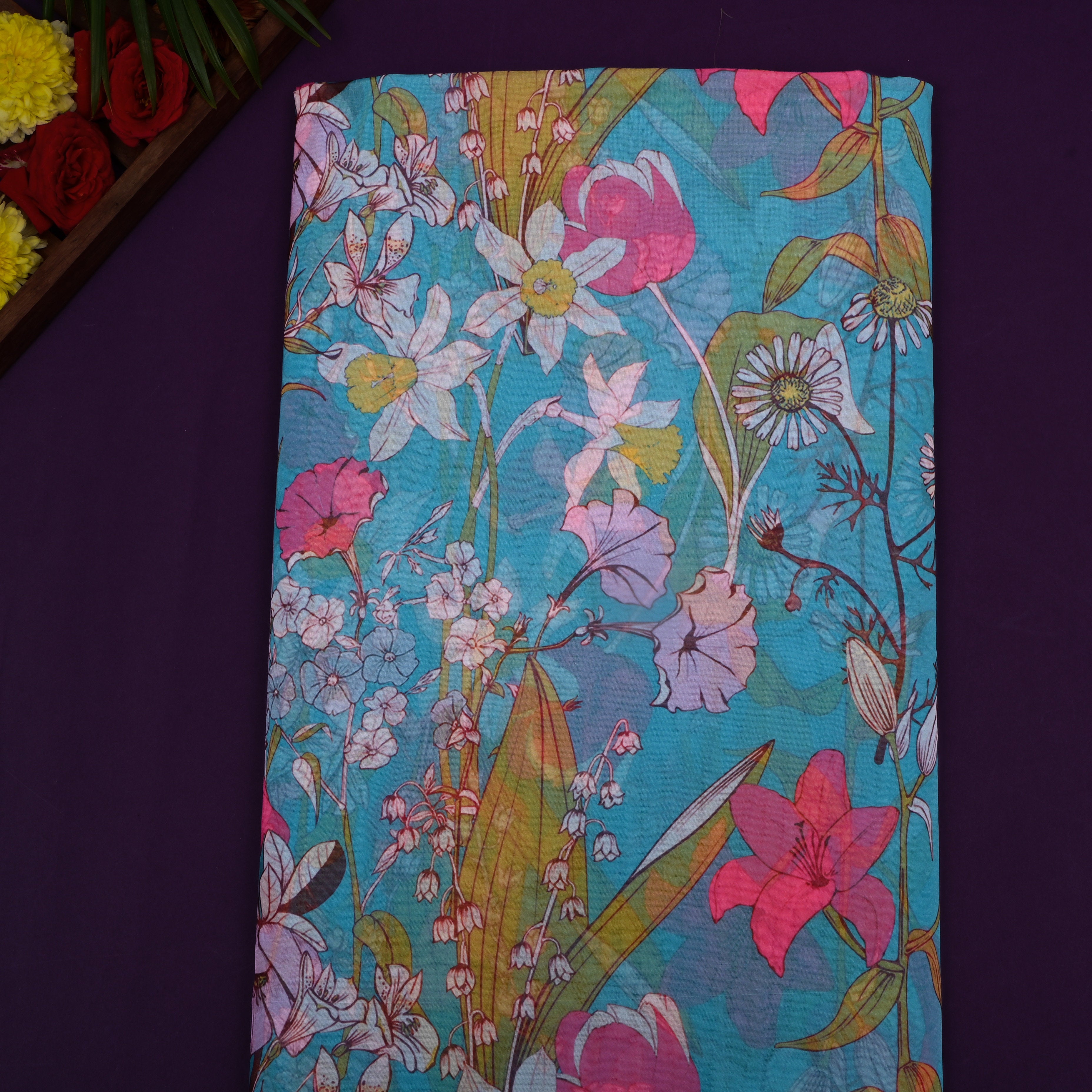 Light Sky Blue Floral Printed Organza Fabric