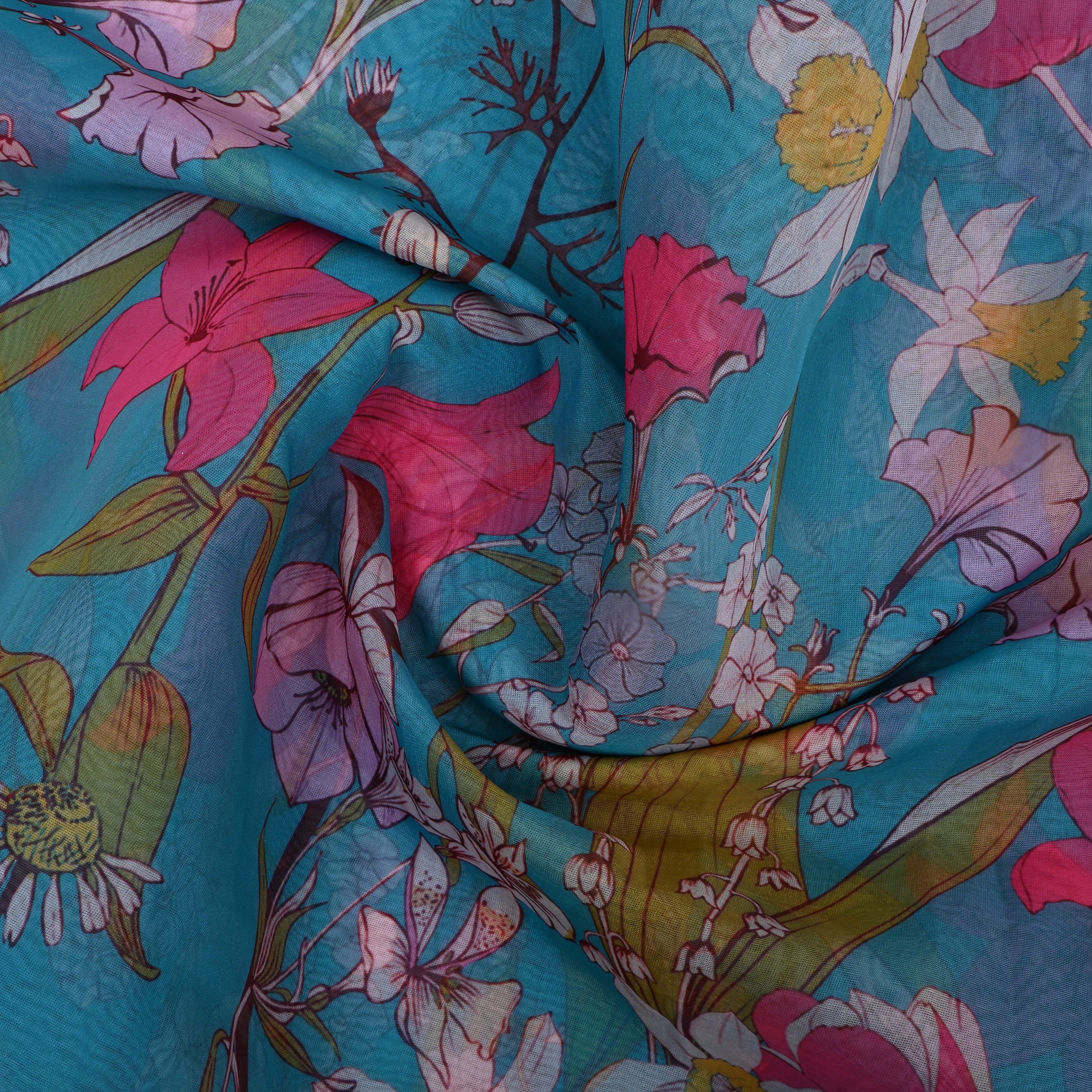 Light Sky Blue Floral Printed Organza Fabric