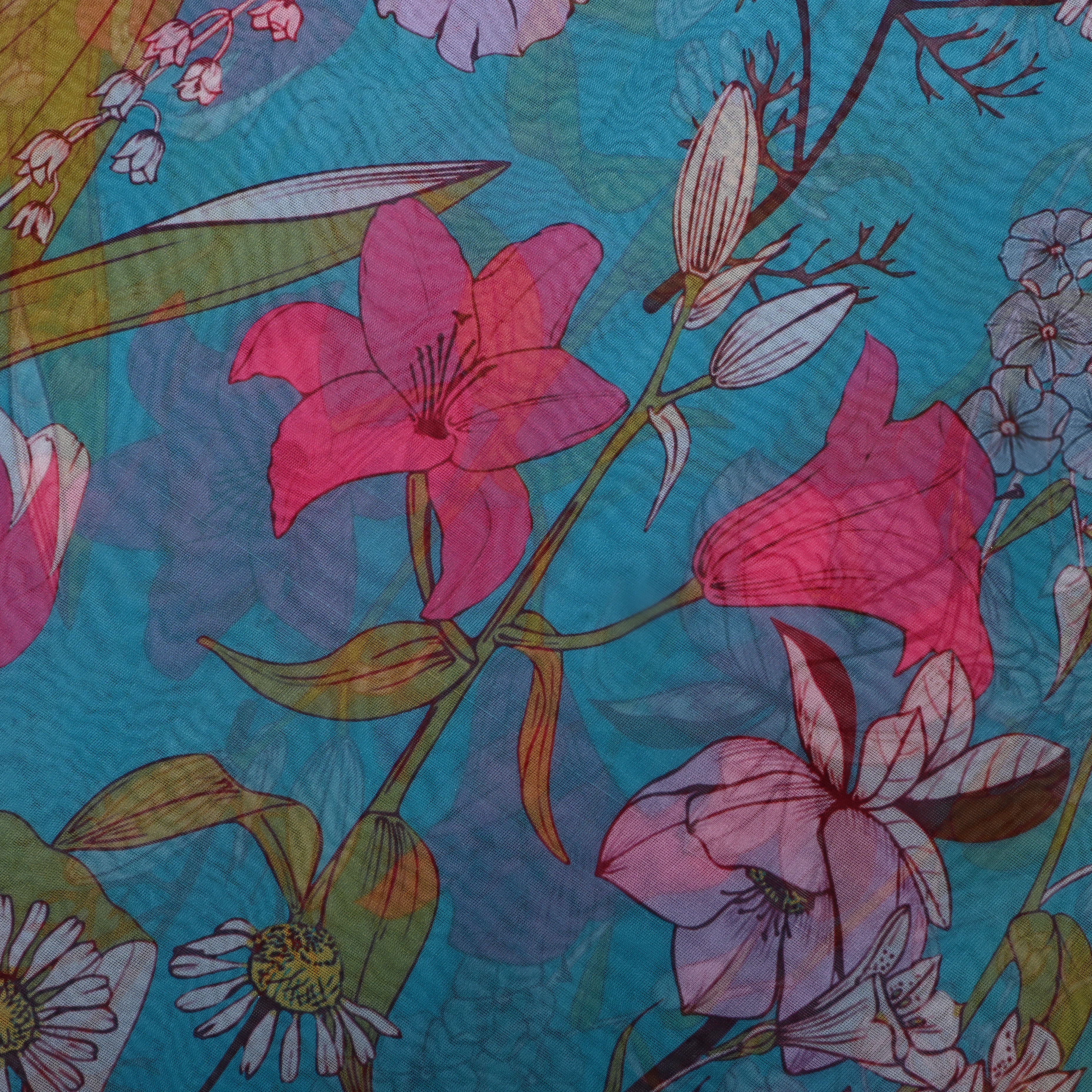 Light Sky Blue Floral Printed Organza Fabric