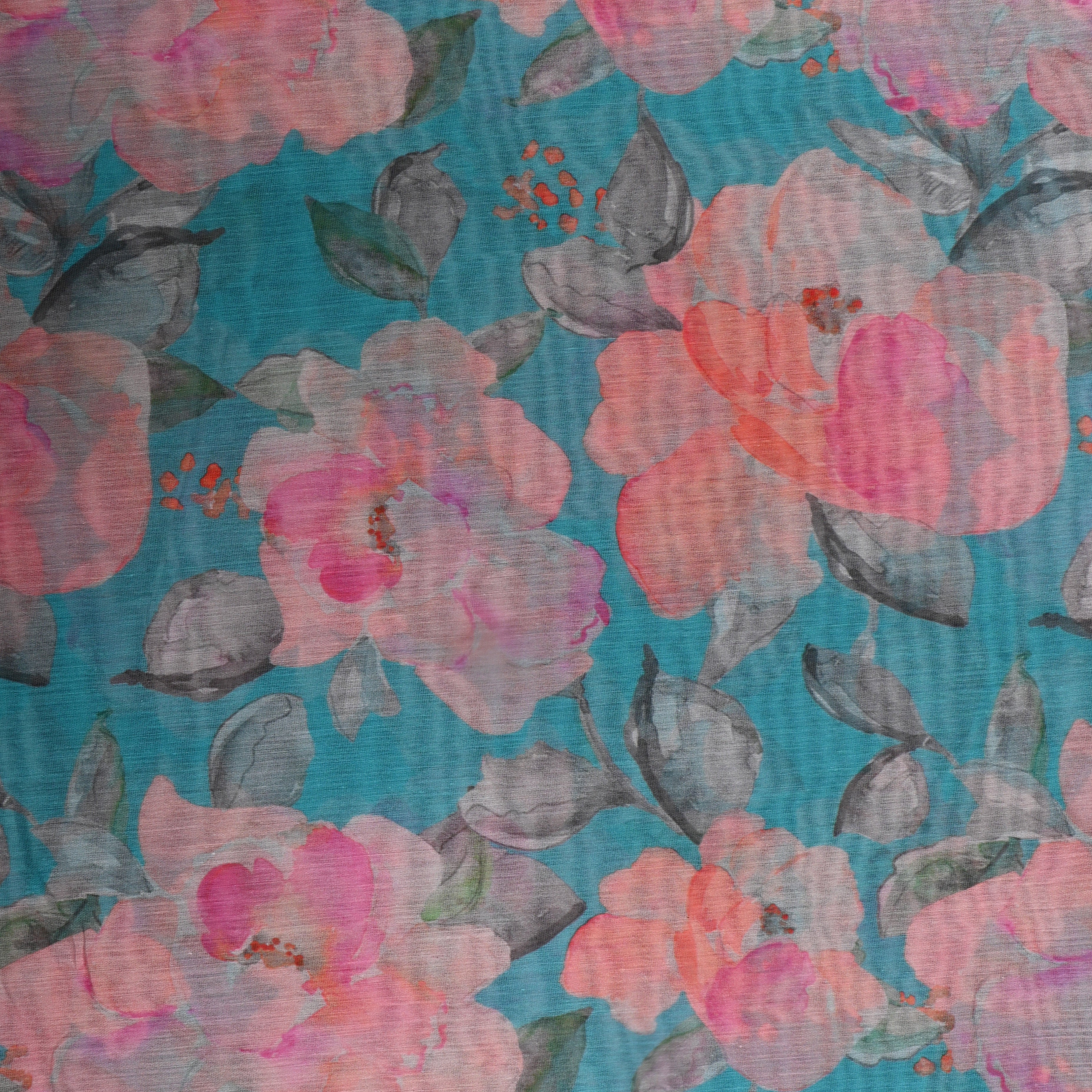 Aqua Blue Floral Printed Chanderi Fabric