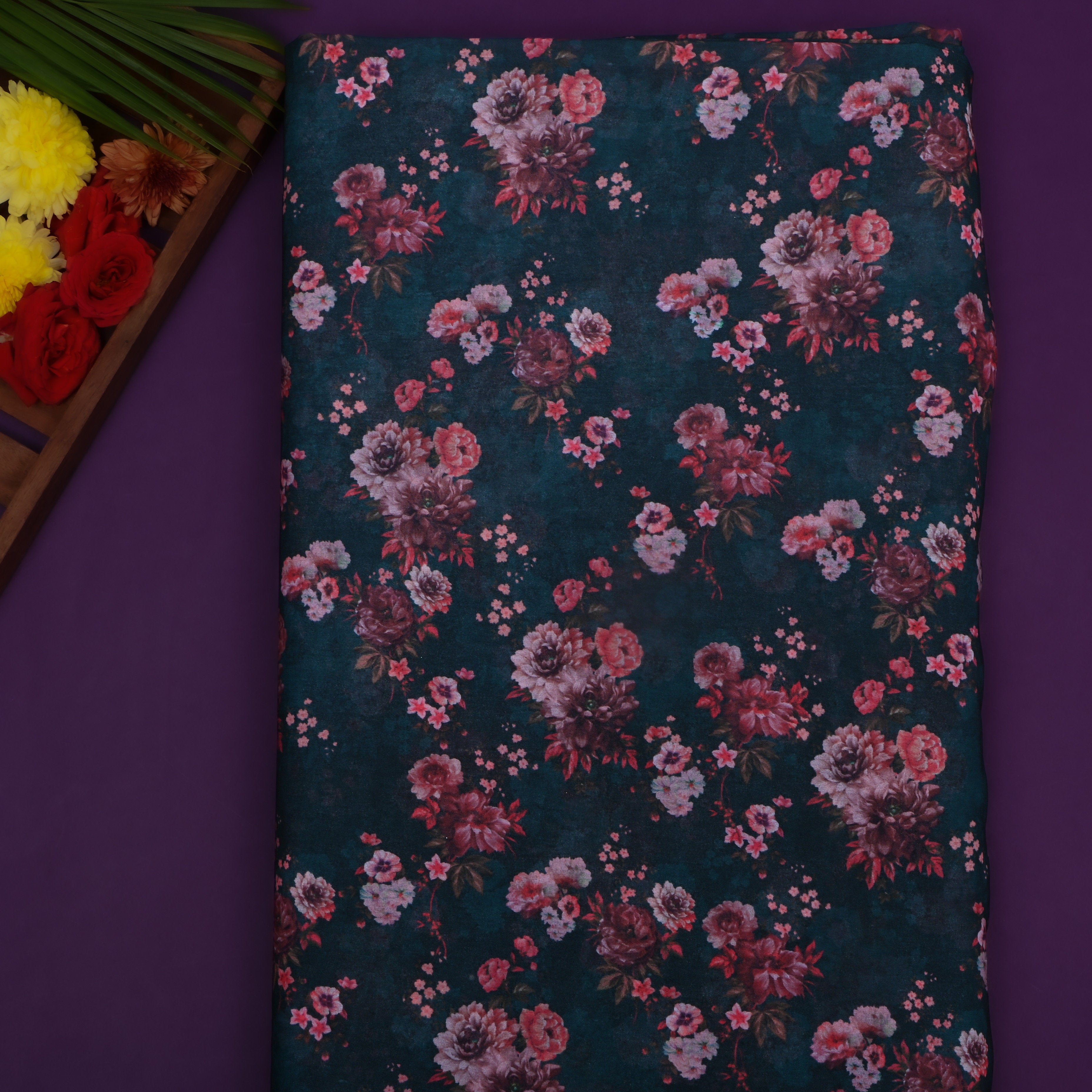 Bottle Green Printed Floral Silk Fabric