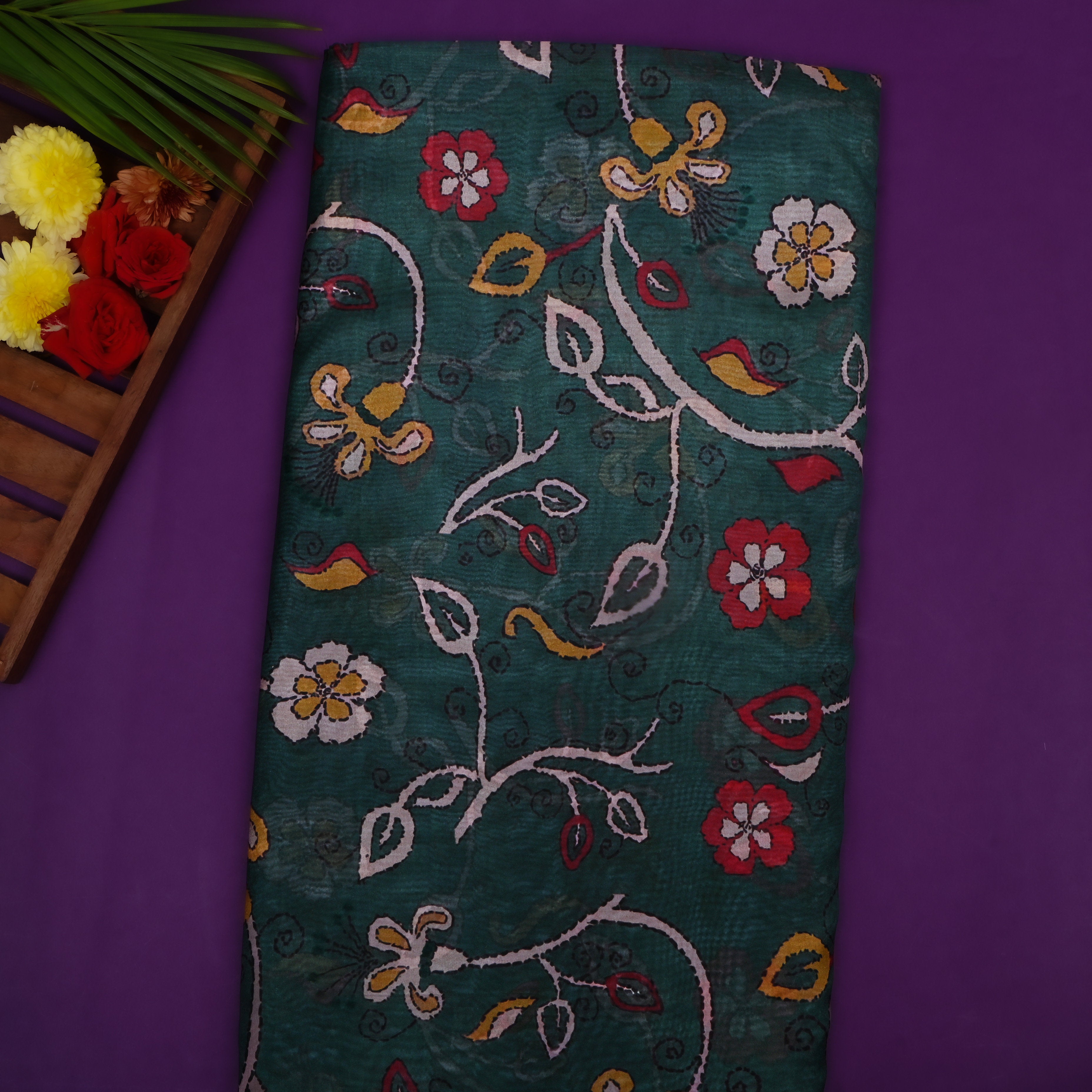 Dark Green Floral Printed Silk Fabric