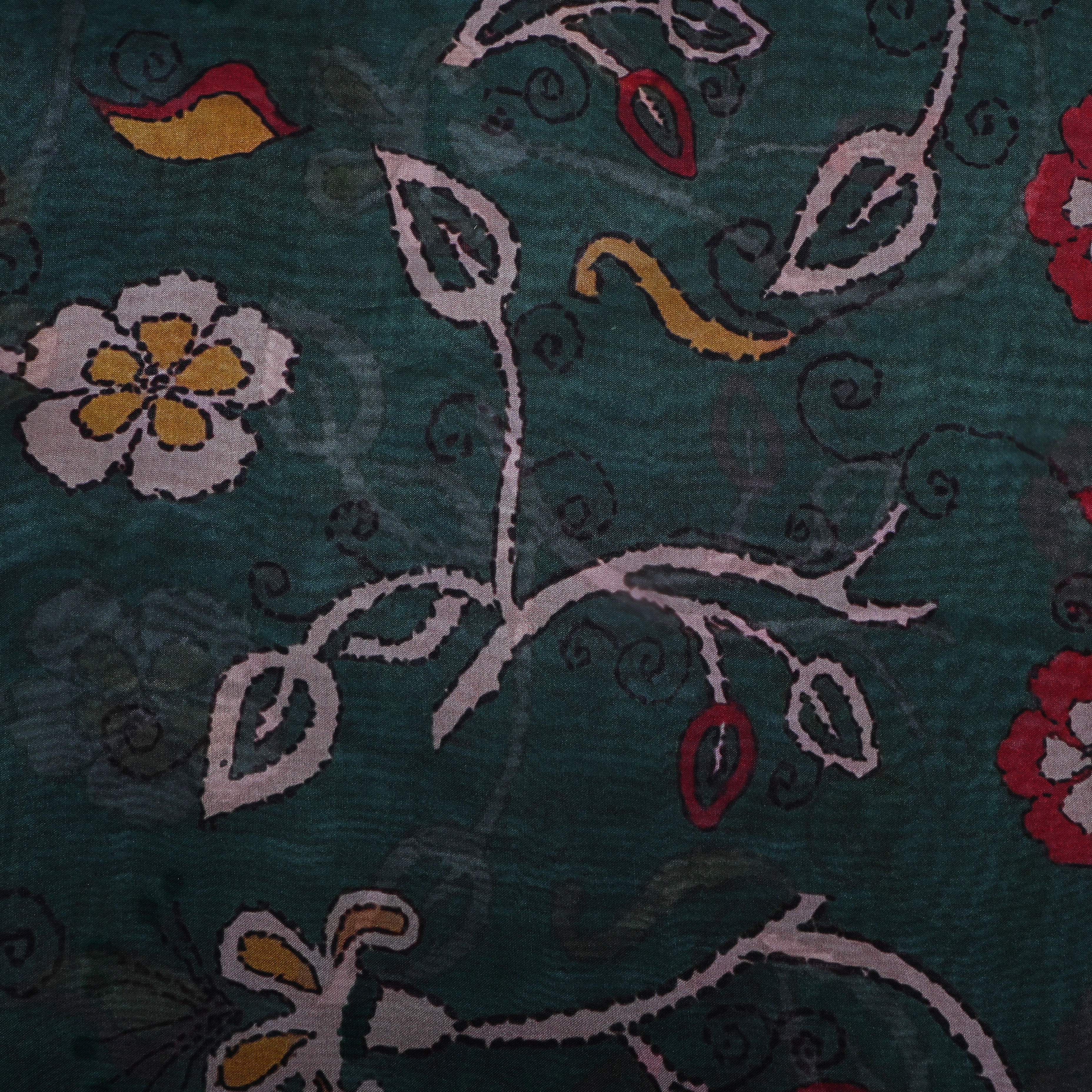 Dark Green Floral Printed Silk Fabric