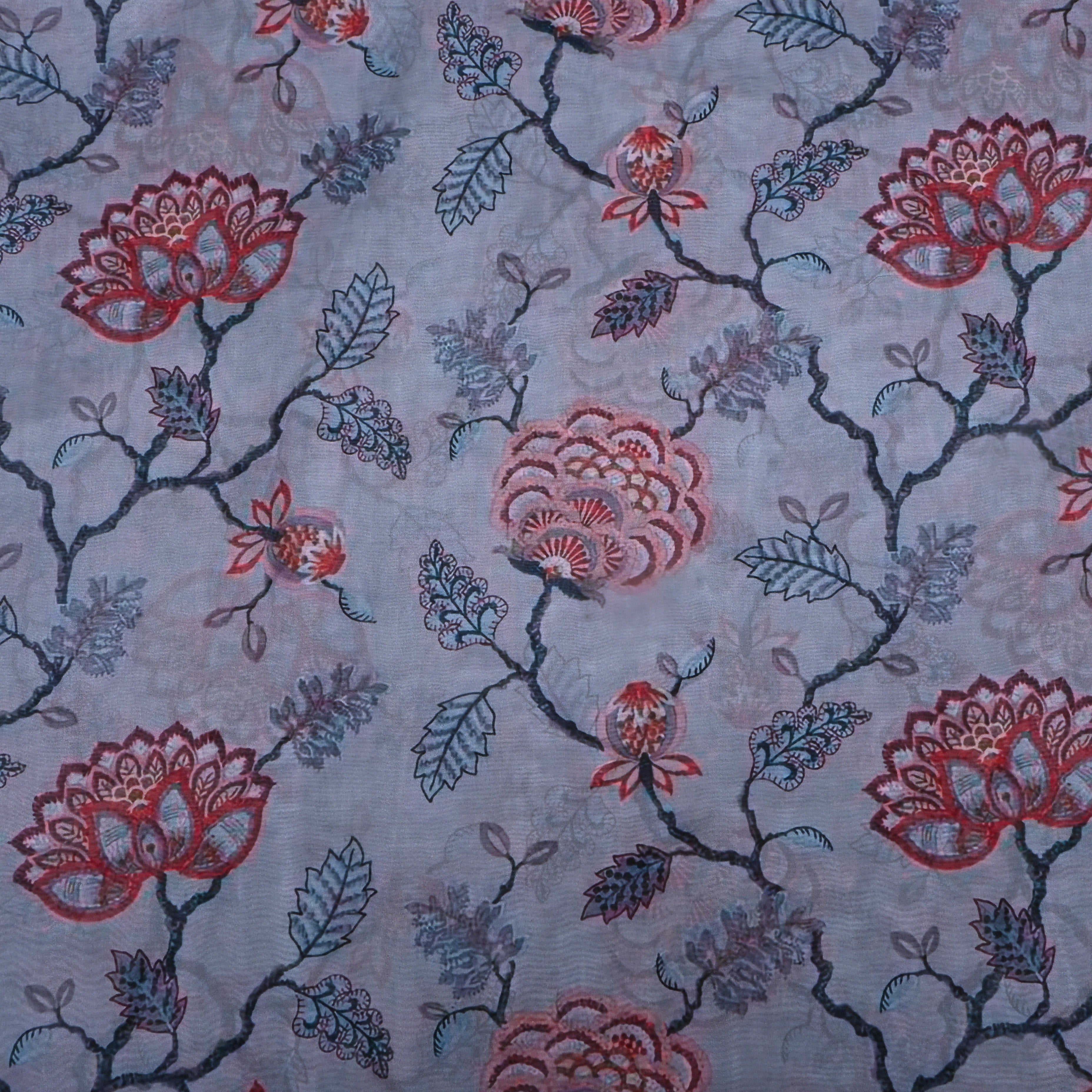 Blue Grey Floral Printed Silk Fabric