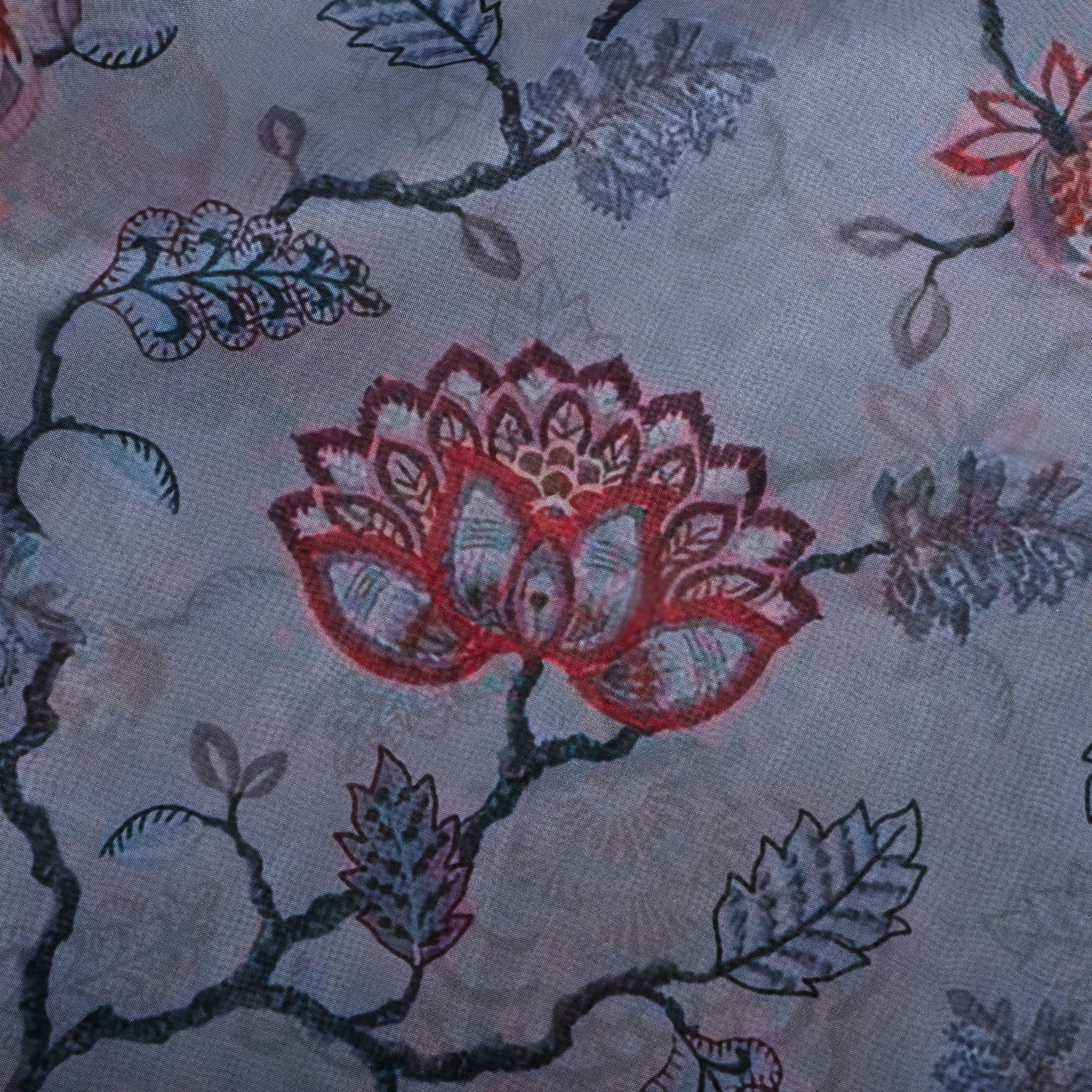 Blue Grey Floral Printed Silk Fabric