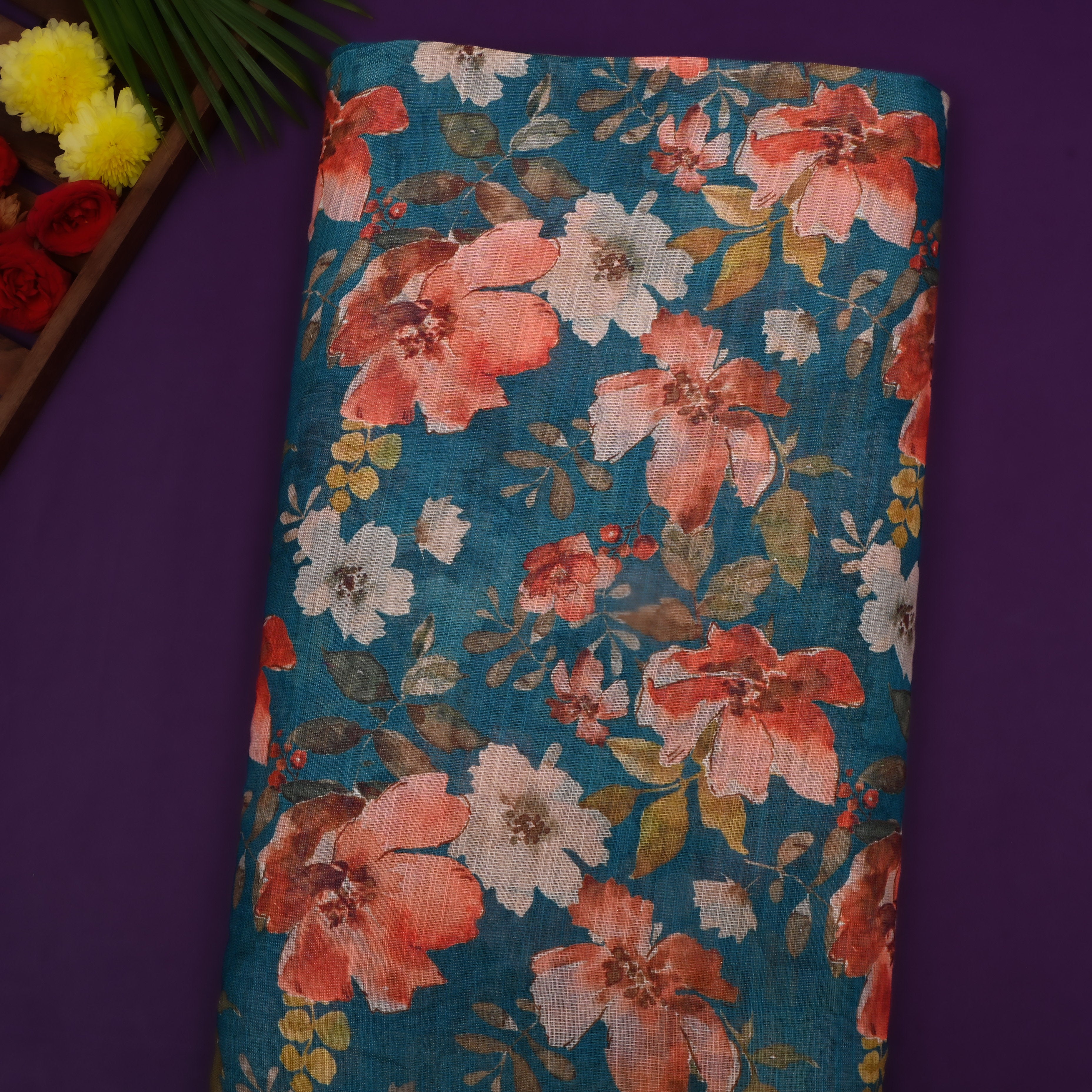 Tuff Blue Floral Printed Tissue Fabric