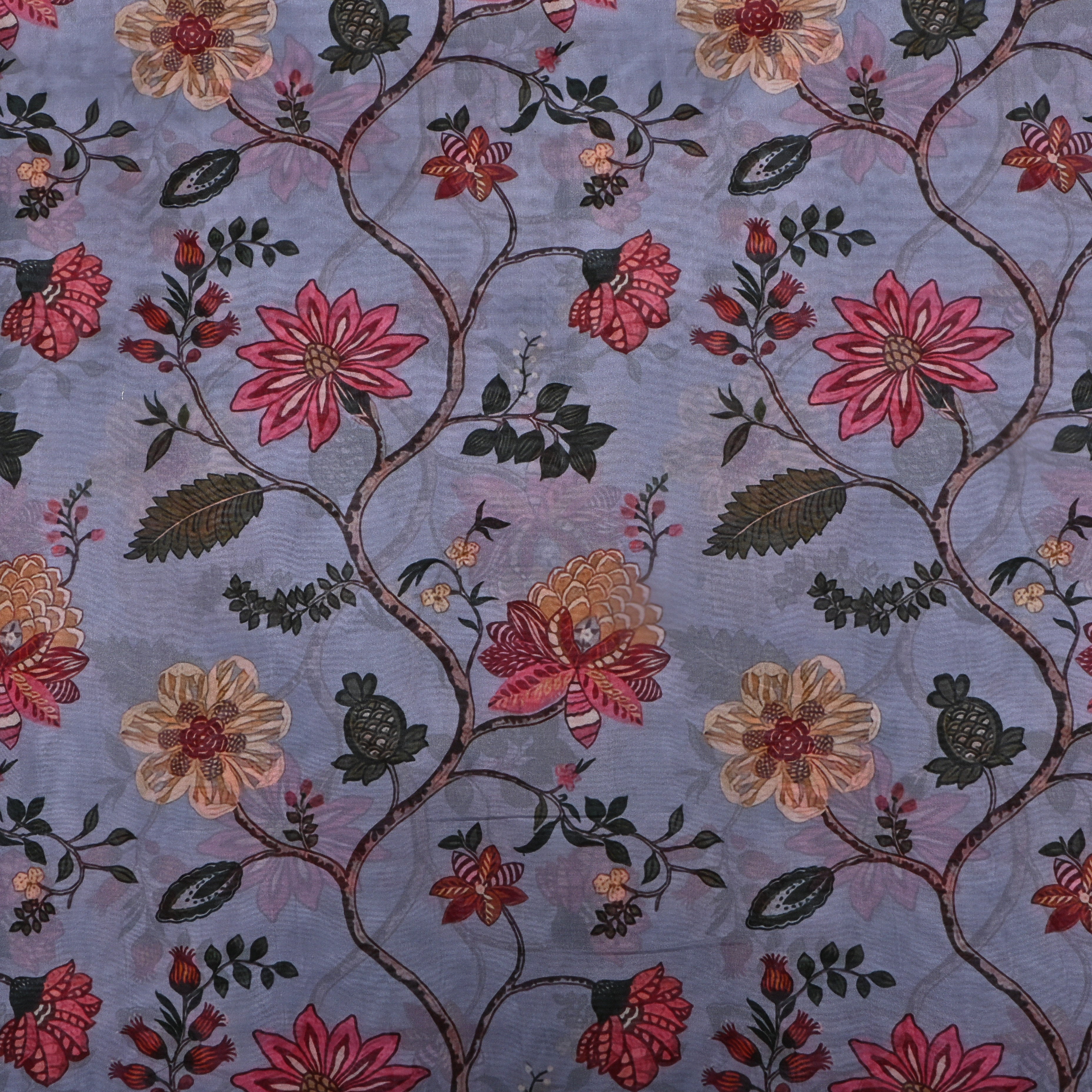 Cool Grey Printed Floral Silk Fabric