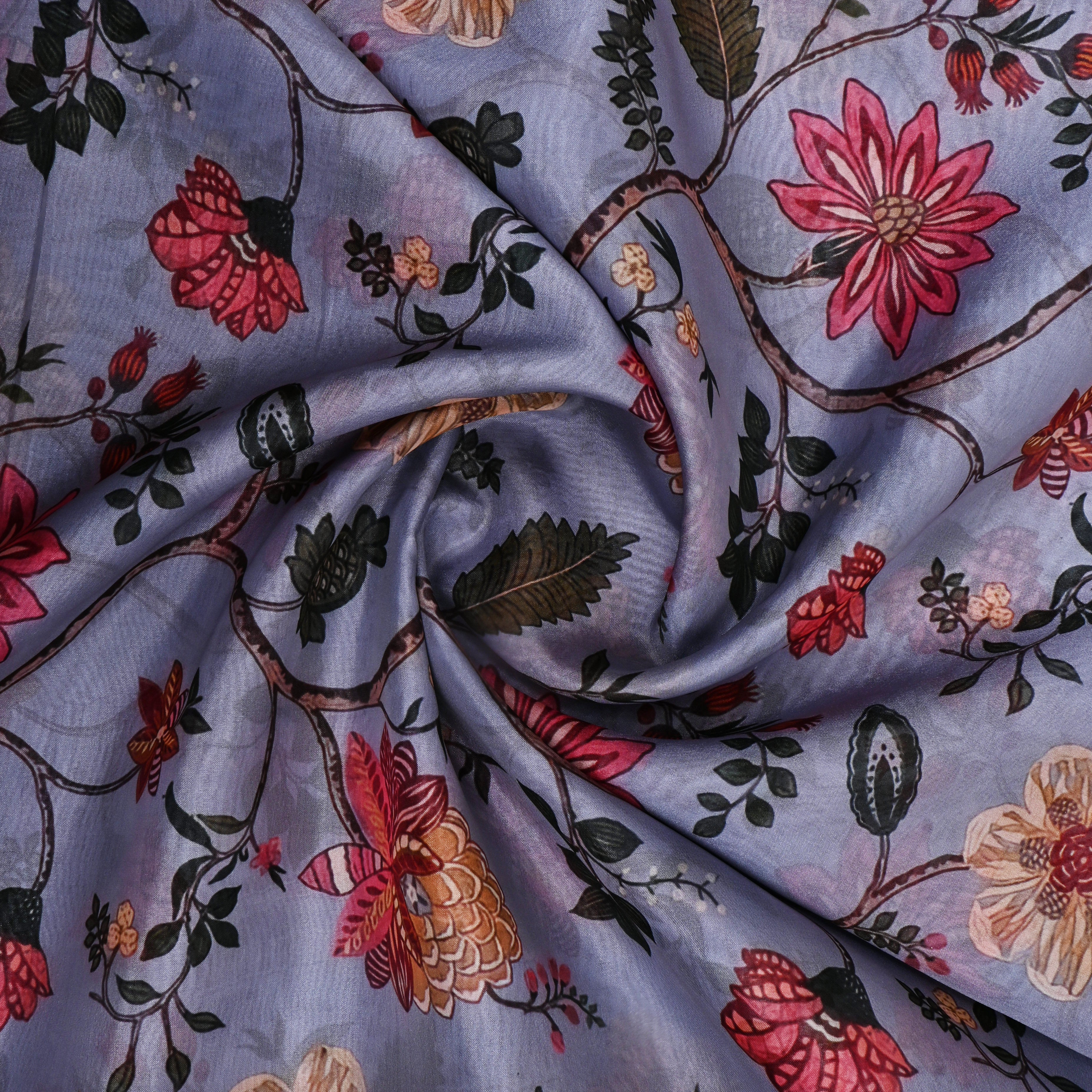 Cool Grey Printed Floral Silk Fabric