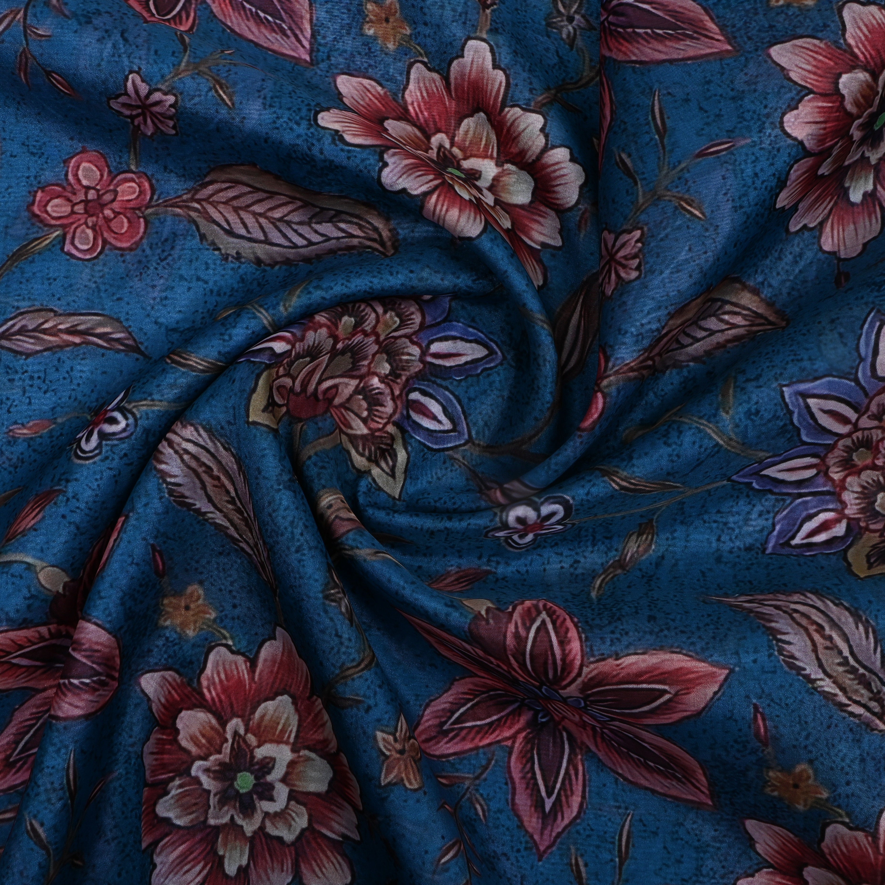 Cerulean Blue Floral Printed Silk Fabric