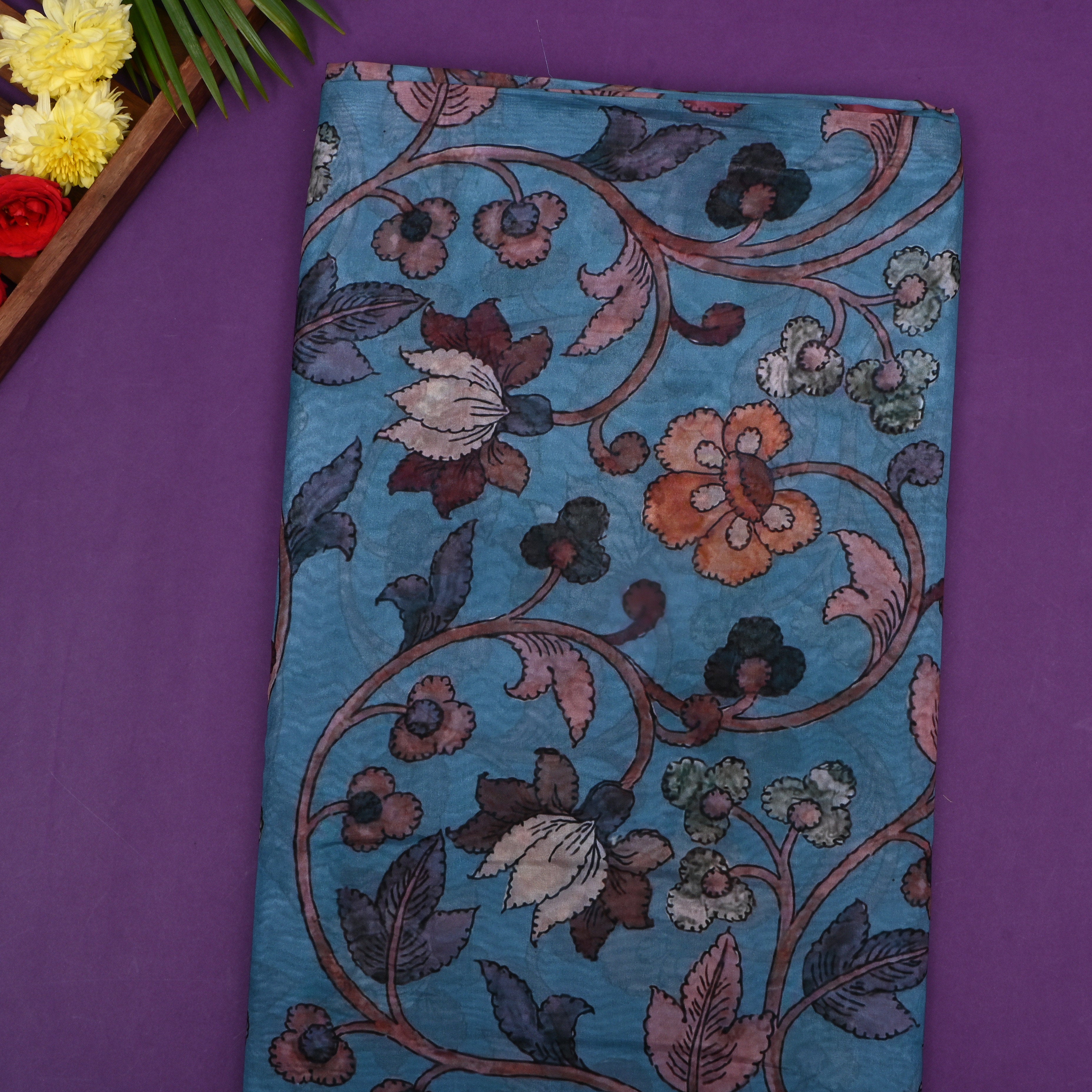 Dark Turquoise Blue Lotus Printed Silk Fabric