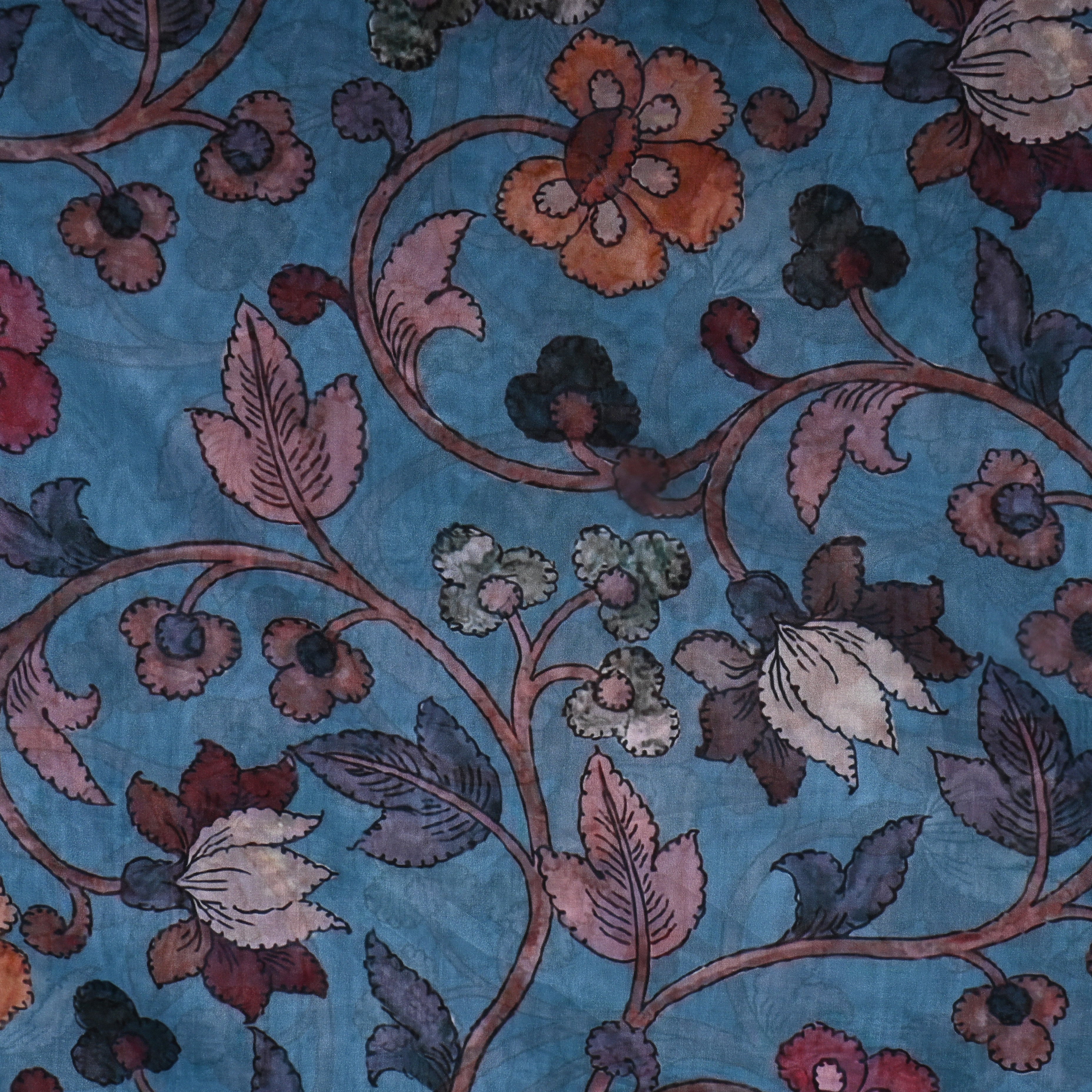 Dark Turquoise Blue Lotus Printed Silk Fabric