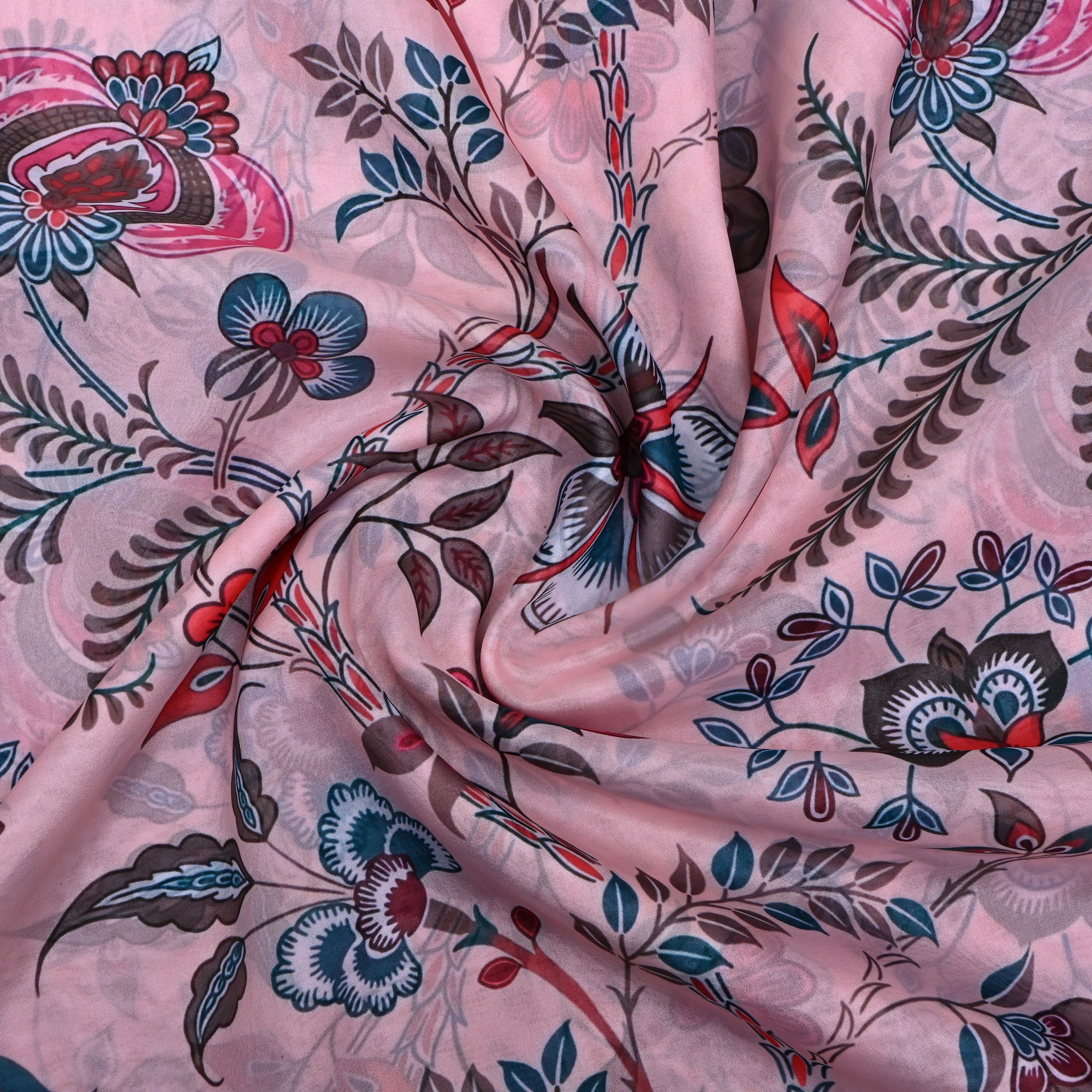 Pastel Pink Floral Printed Silk Fabric