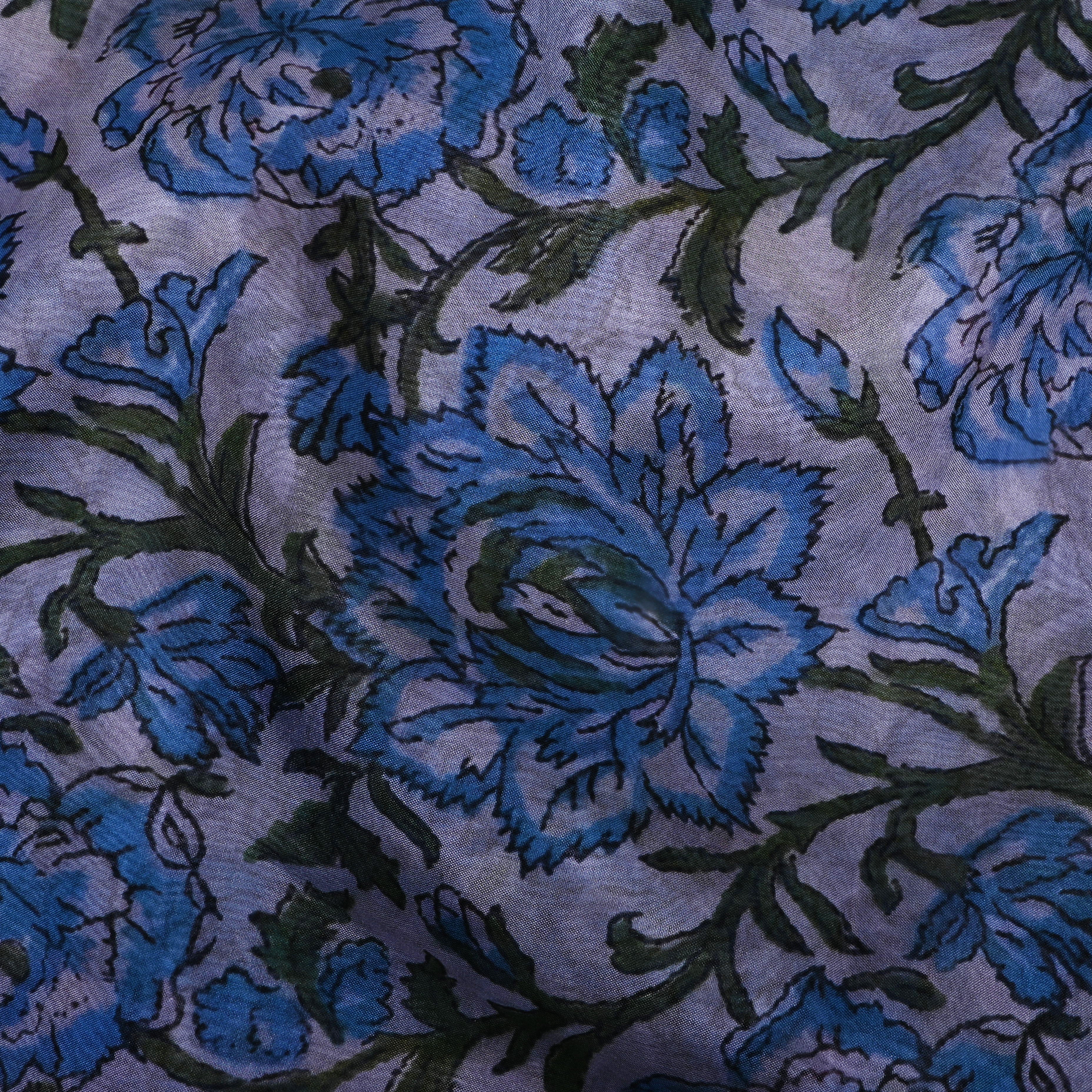 Bluish Off-White Floral Printed Silk Fabric