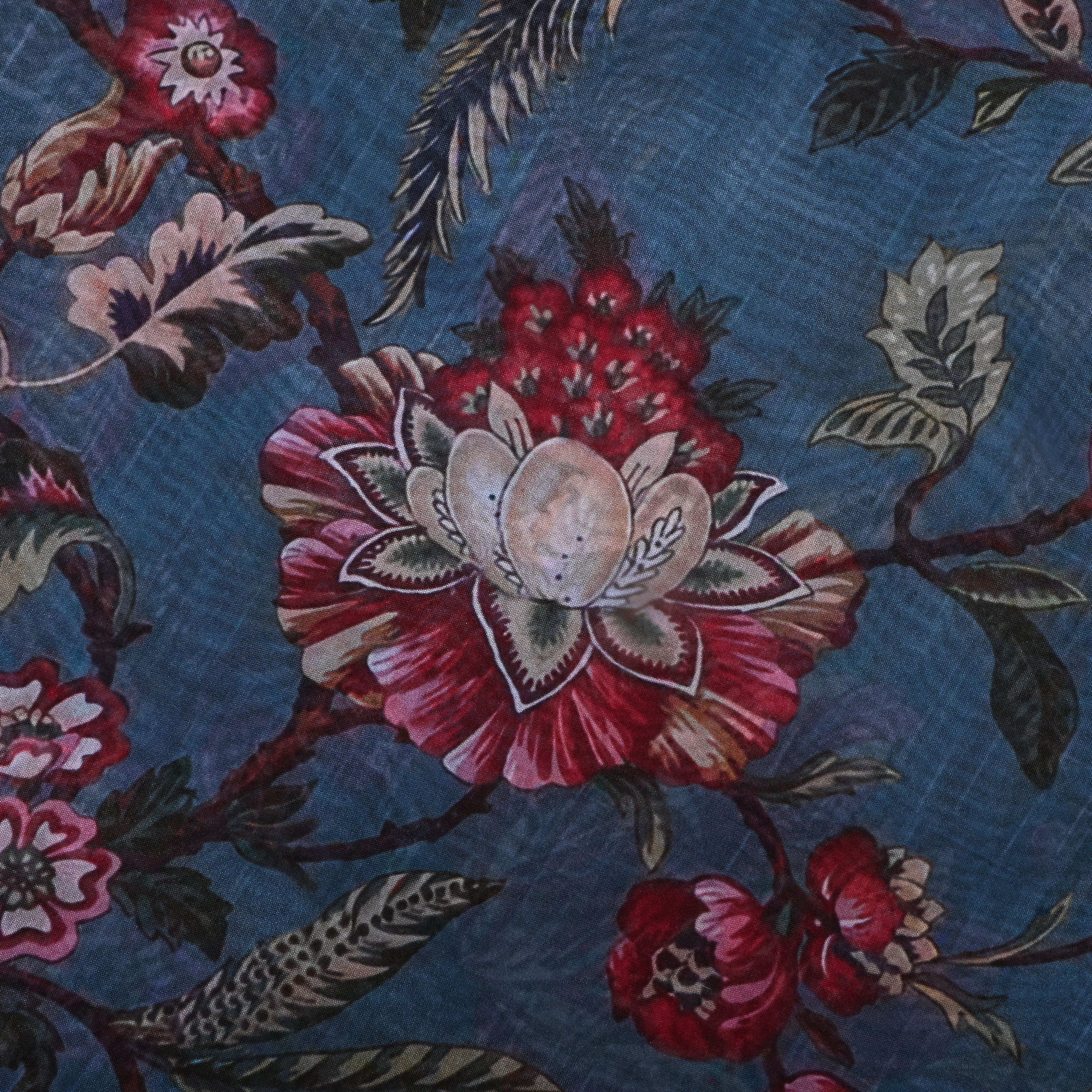 Teal Blue Printed Floral Silk Fabric