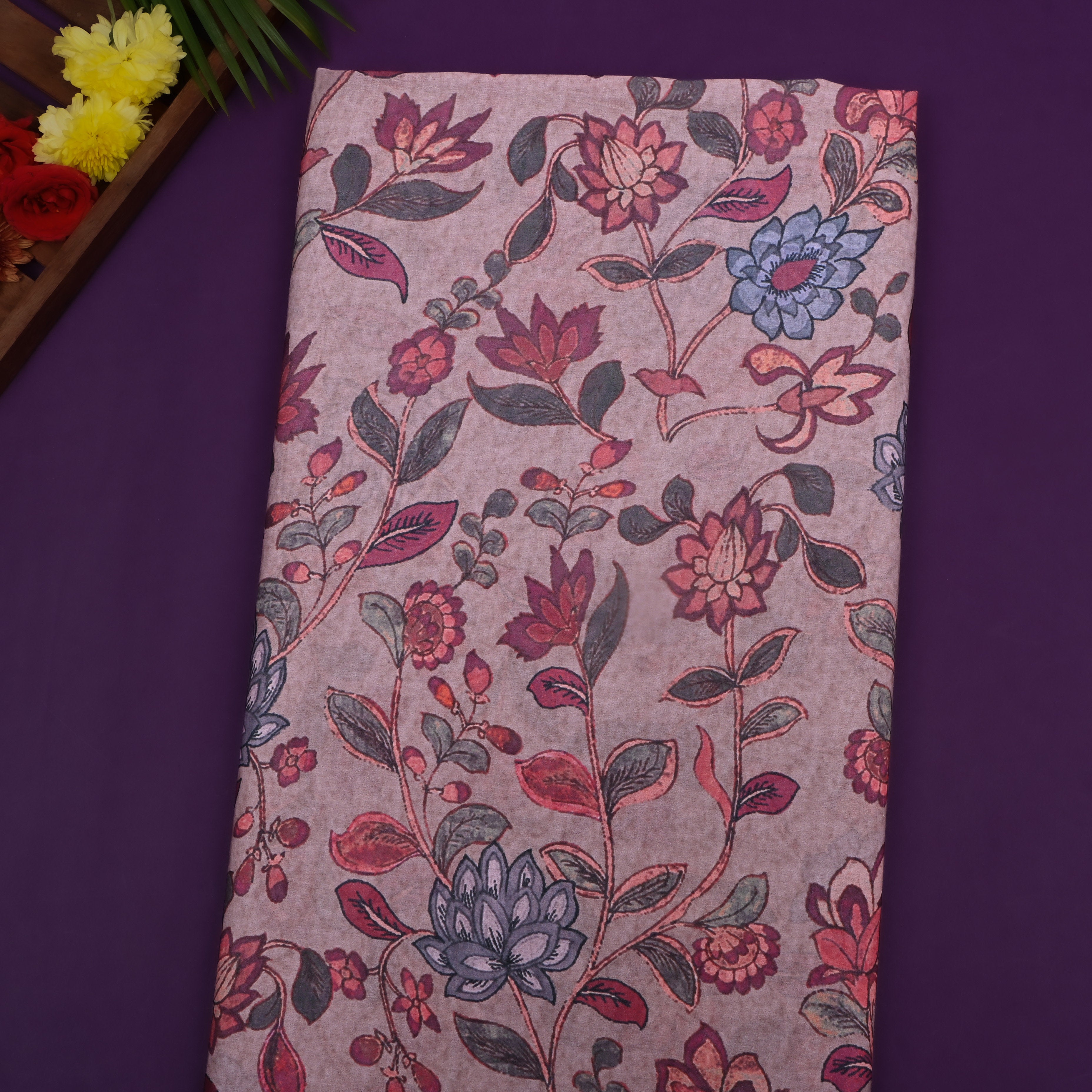 Muted Purple Floral Printed Silk Fabric