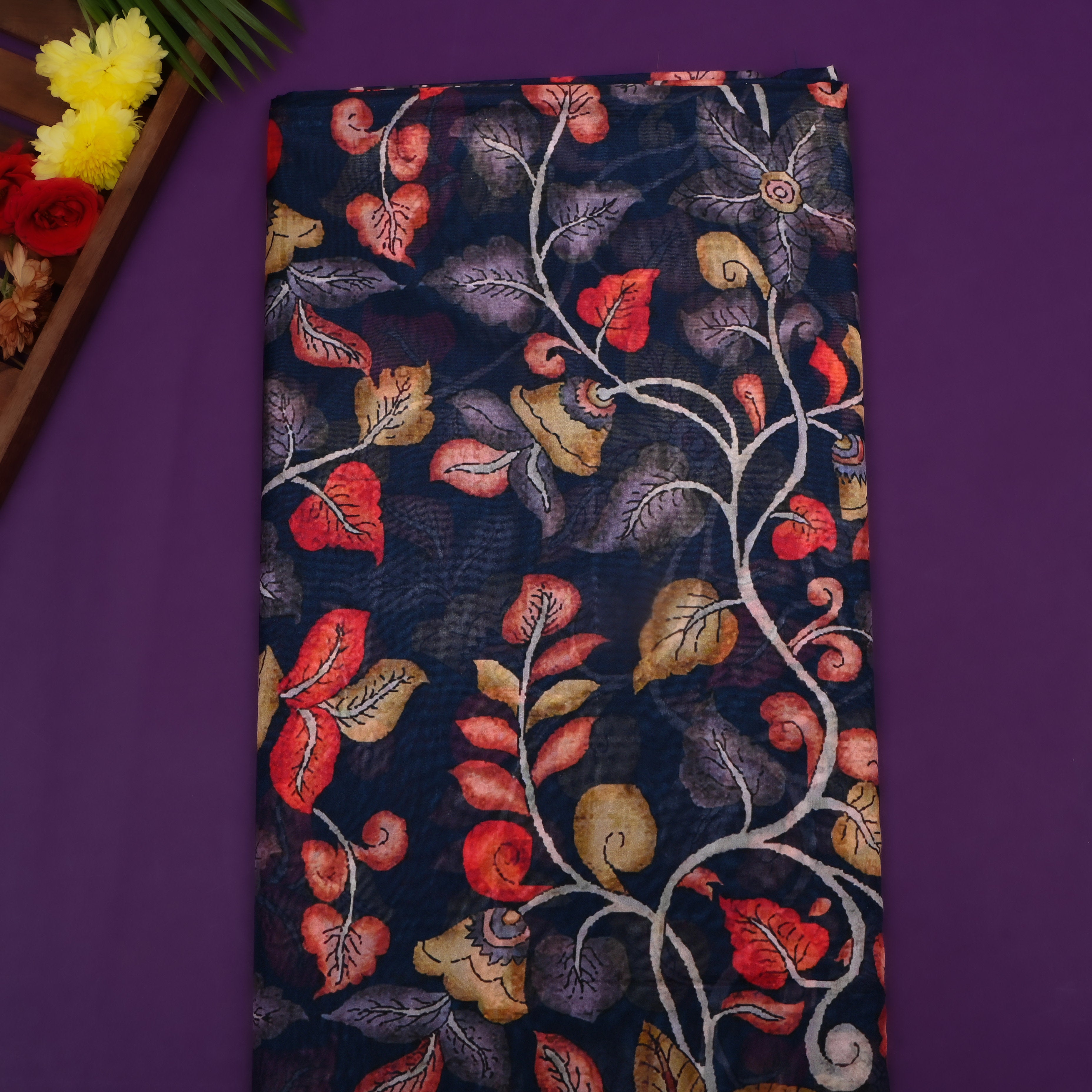 Navy Blue Floral Printed Silk Fabric