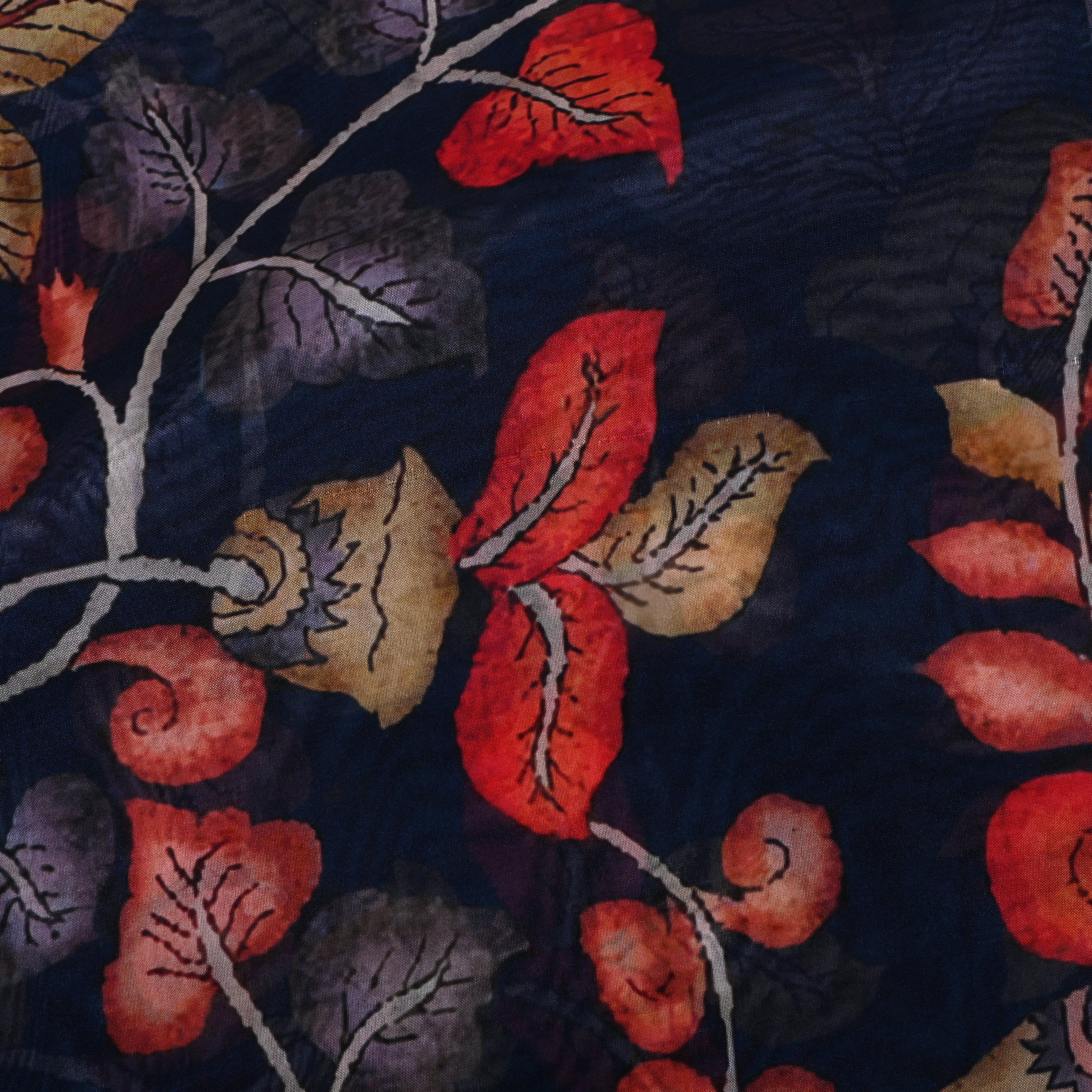 Navy Blue Floral Printed Silk Fabric