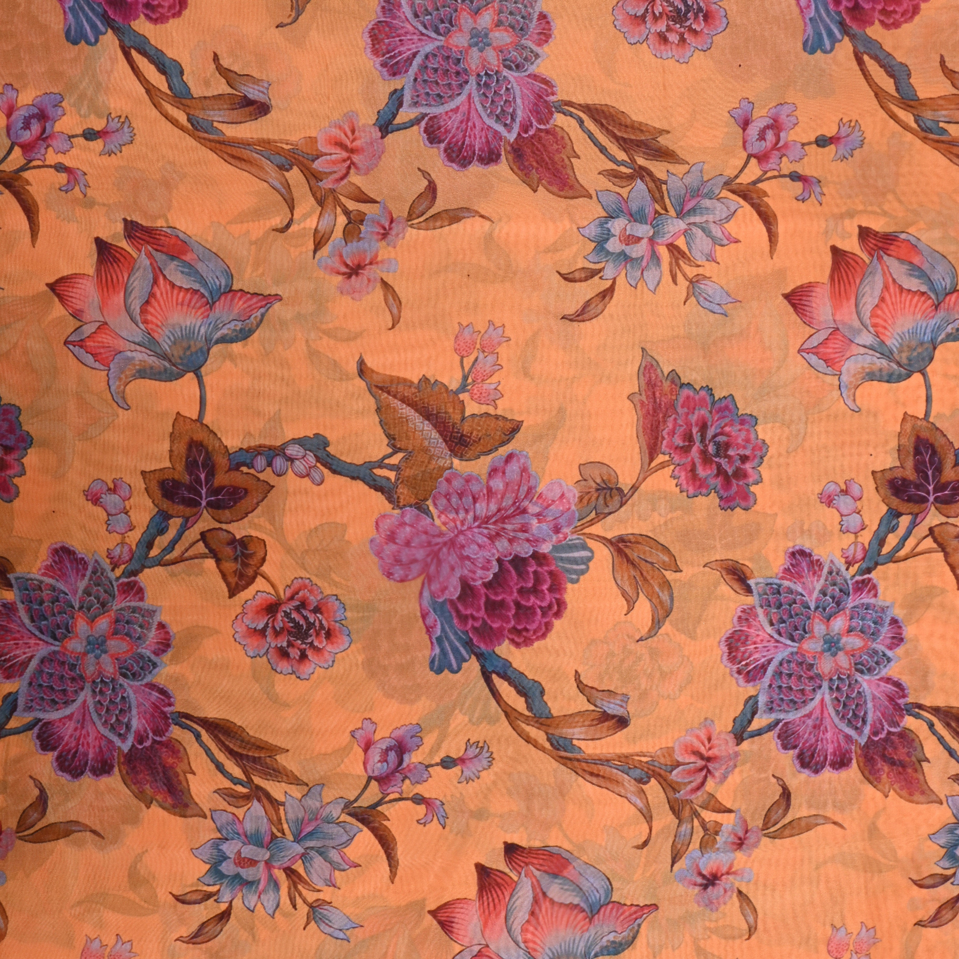 Light Amber Yellow Floral Printed Silk Fabric