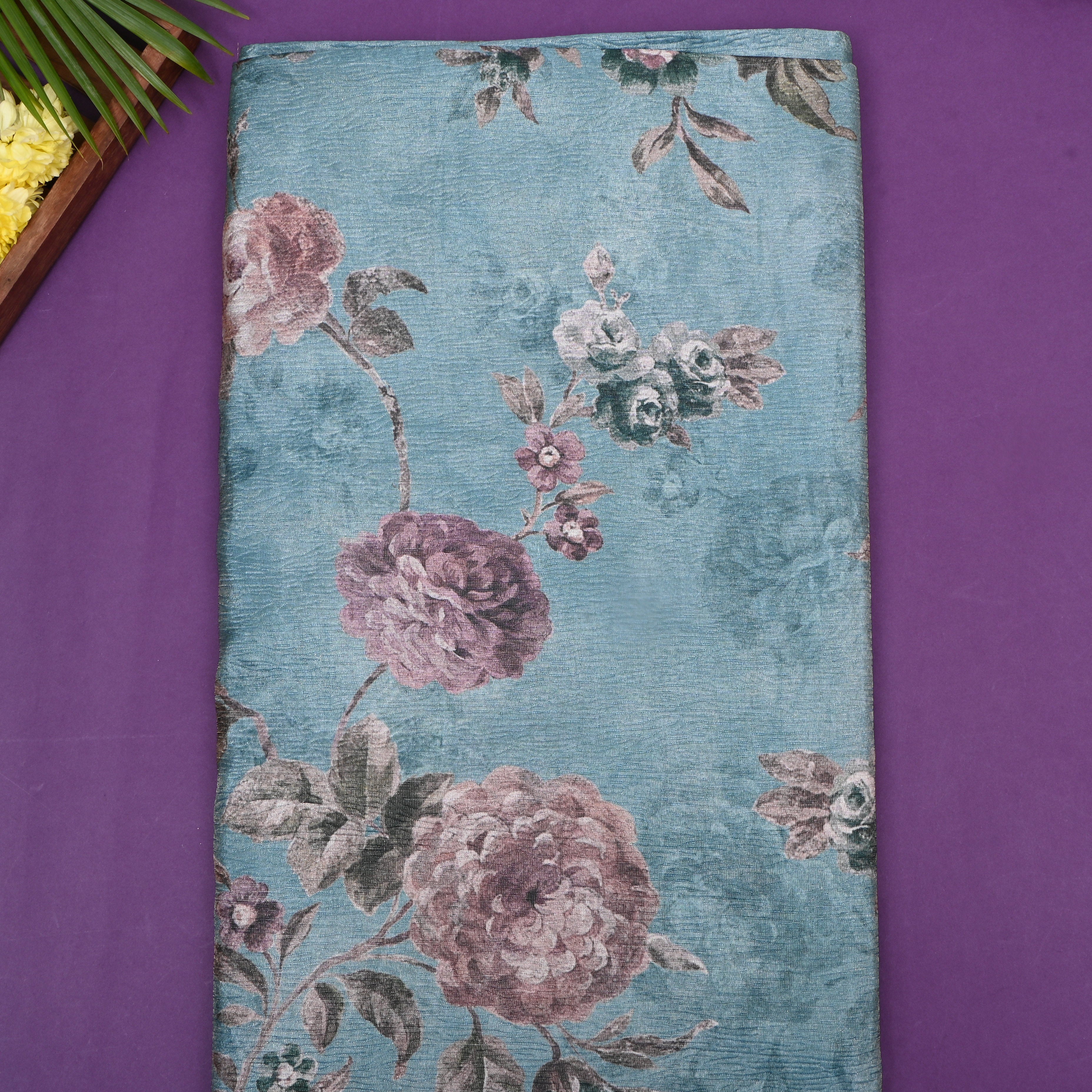 Slate Gray Floral Printed Tissue Fabric