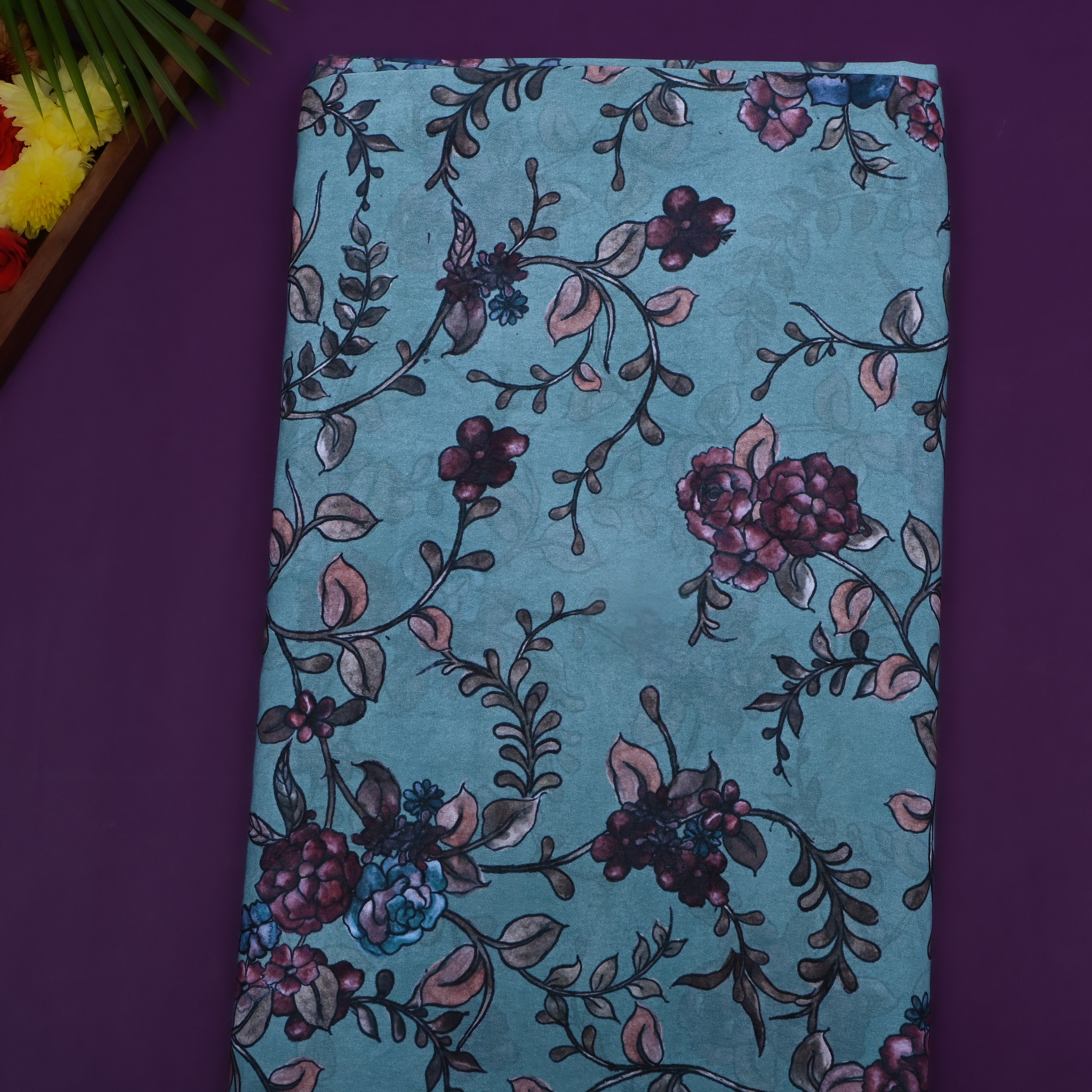 Aqua Blue Floral Printed Silk Fabric