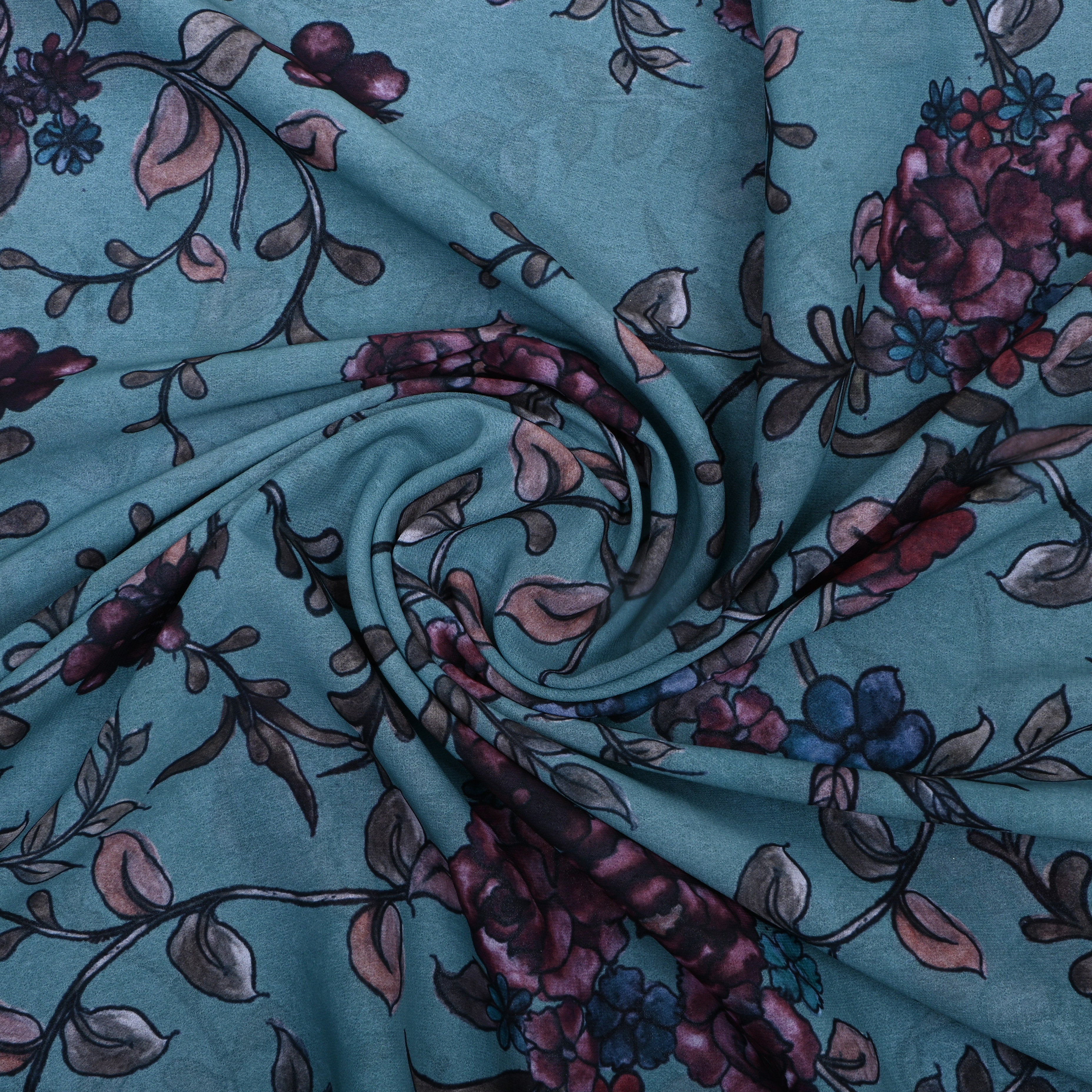 Aqua Blue Floral Printed Silk Fabric